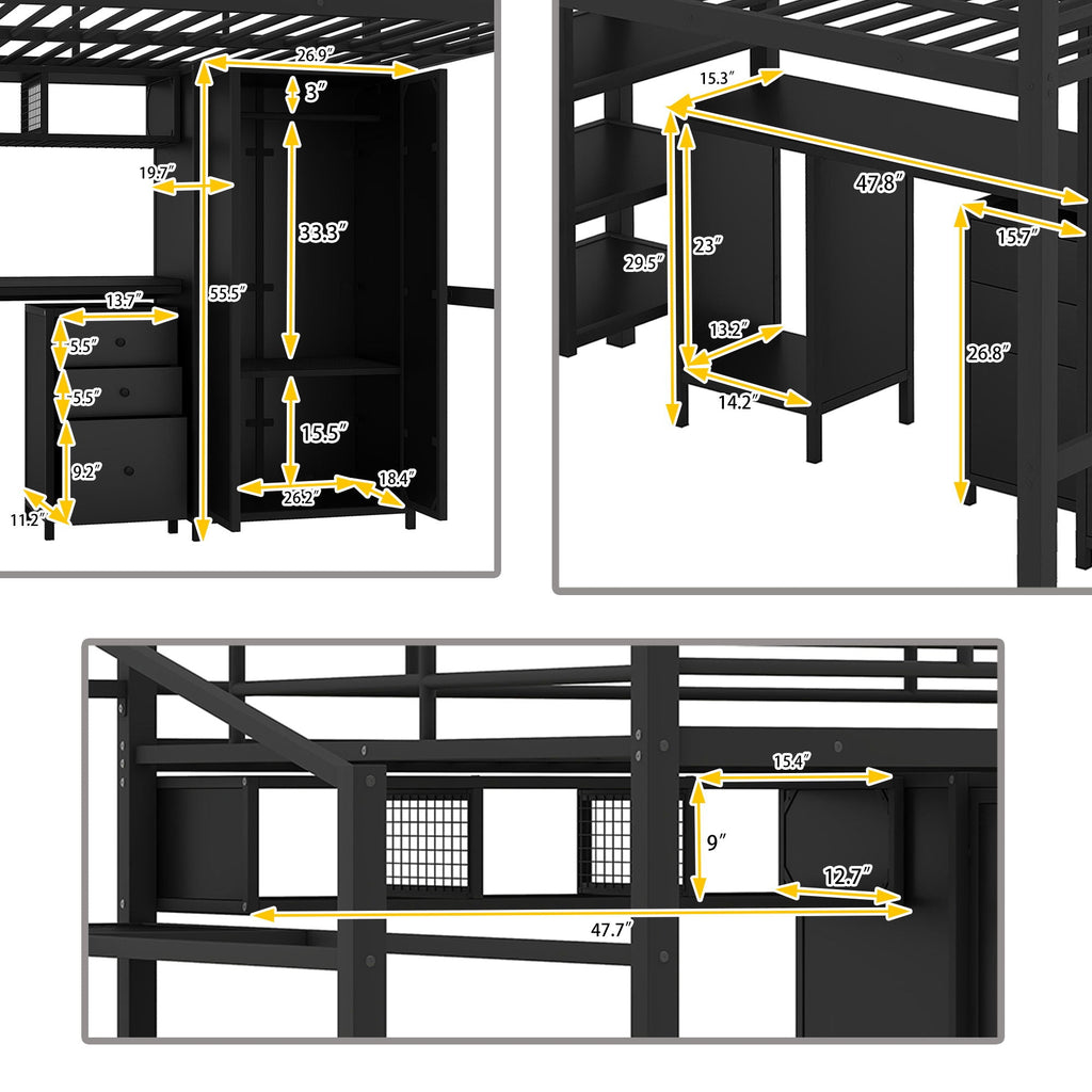 Full Size Loft Bed With Desk Set And Wardrobe - Black