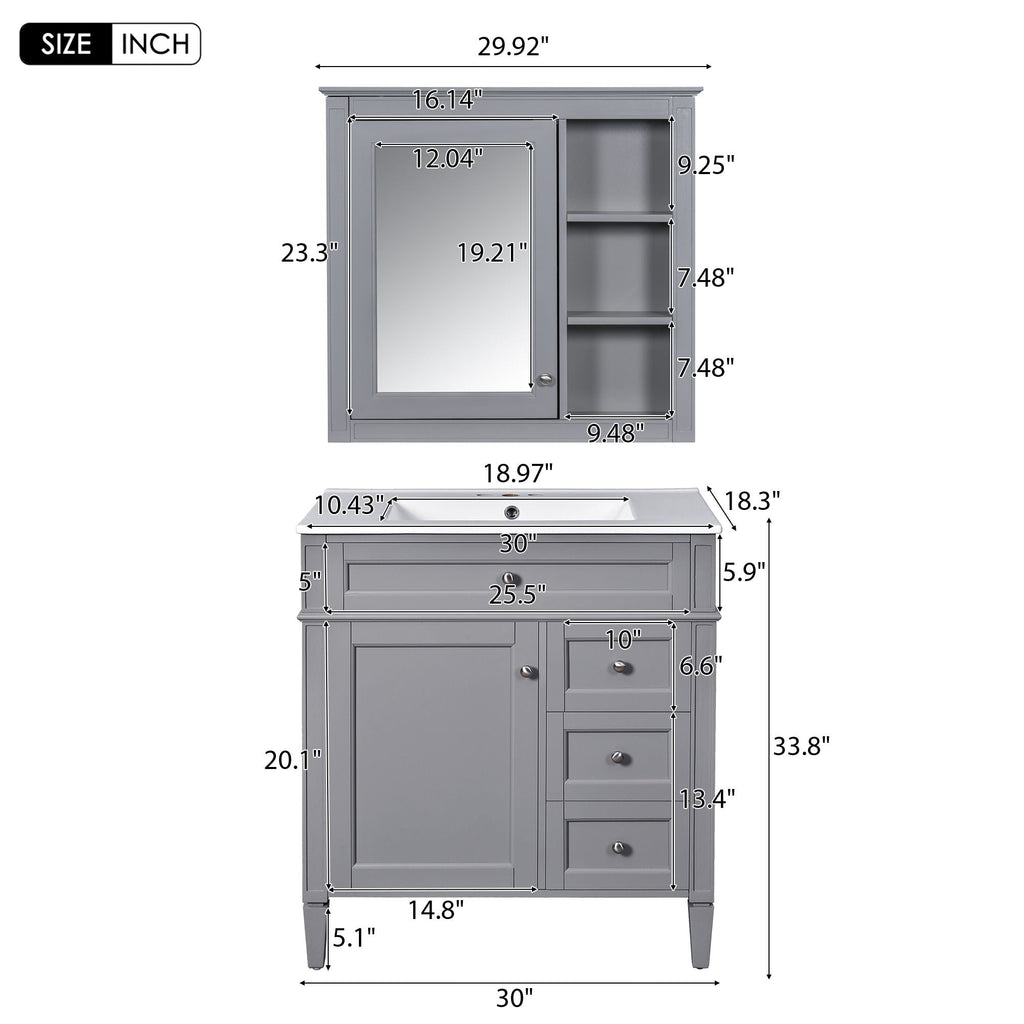 Bathroom Vanity With Top Sink, Storage Cabinet & Mirror - Gray