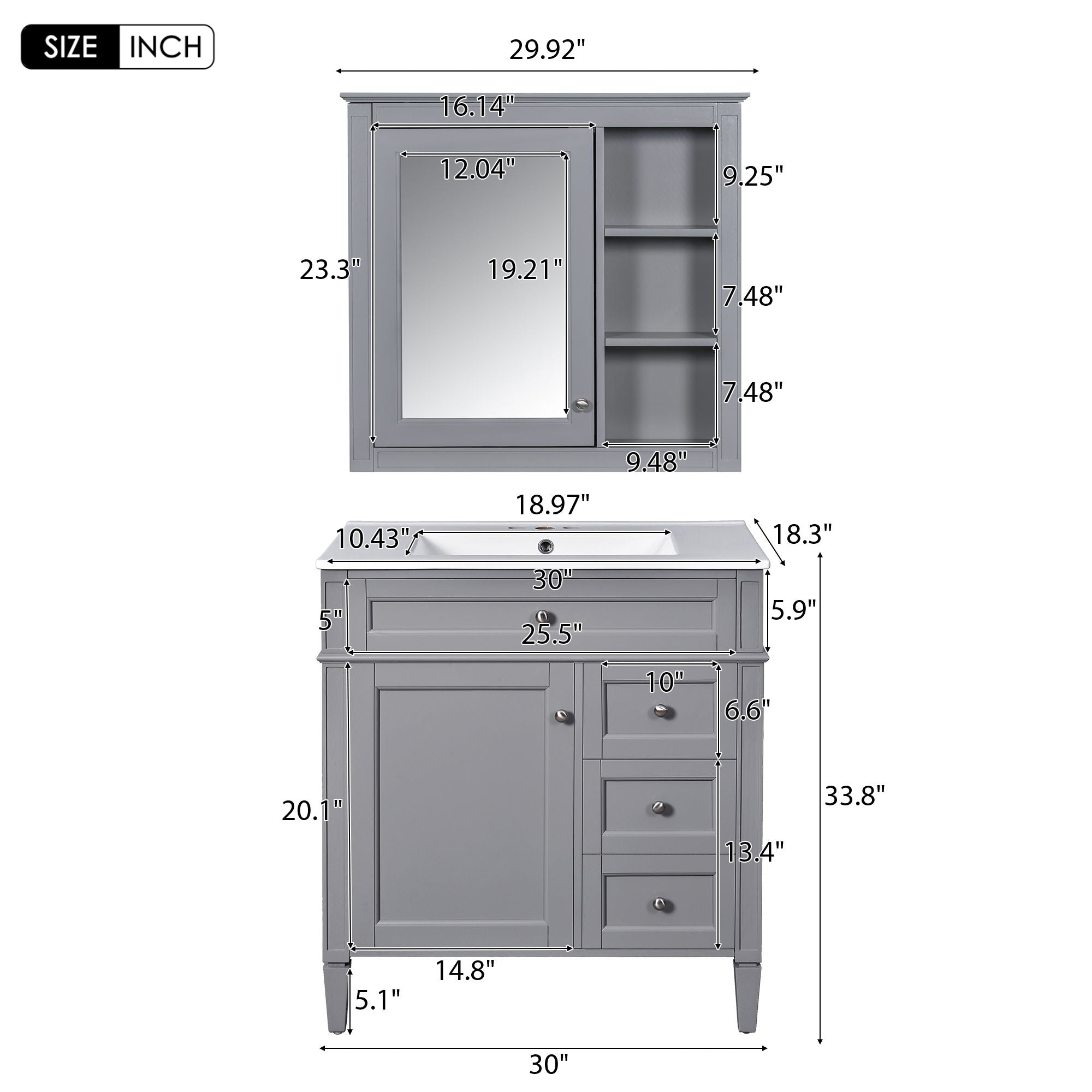 Bathroom Vanity With Top Sink, Storage Cabinet & Mirror - Gray