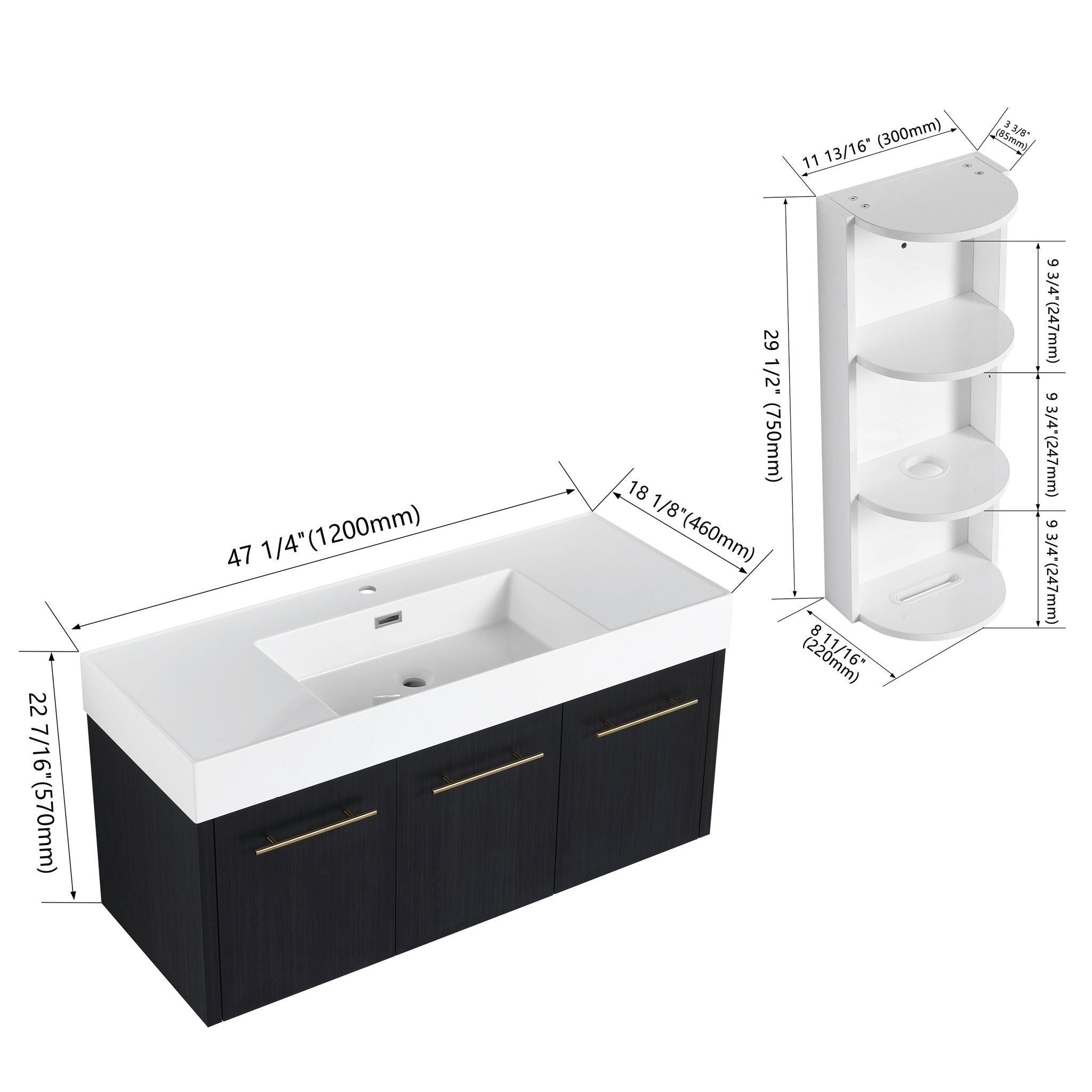Modern Wall Mounted Bathroom Vanity with Resin Sink and Storage Rack