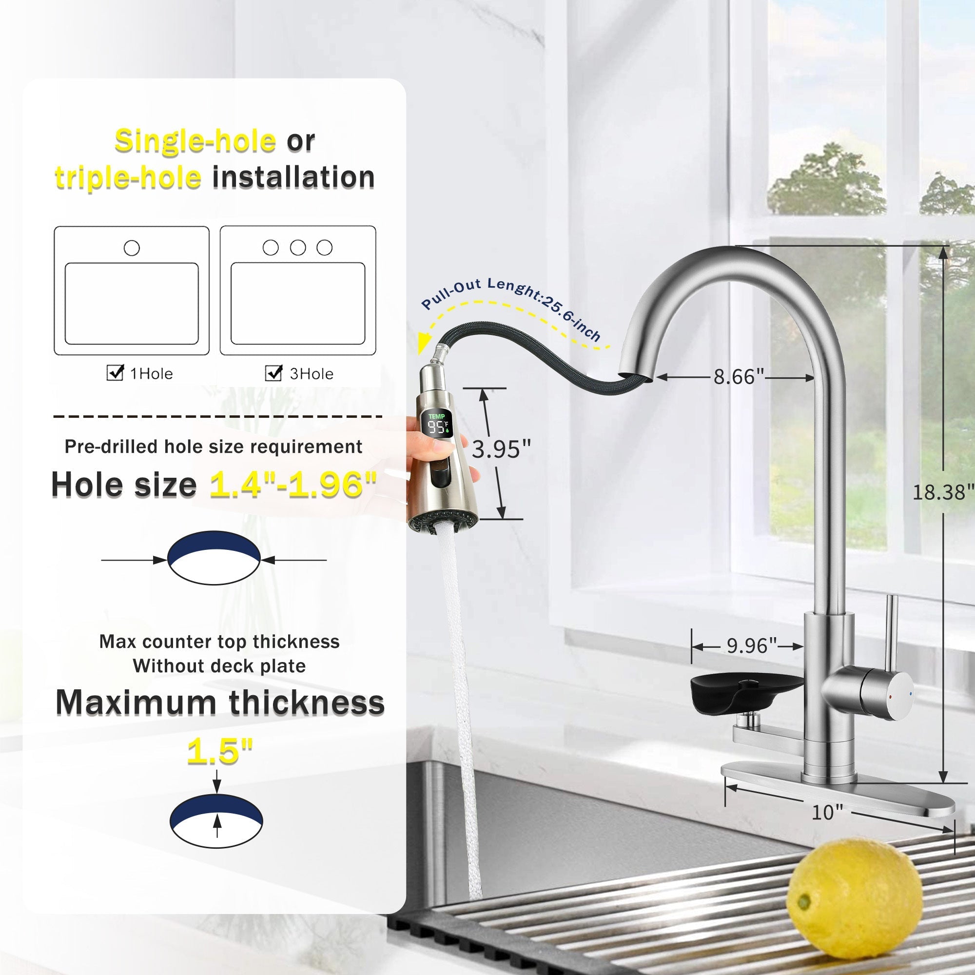 3-in-1 Kitchen Faucet with LED Temperature Display, Press-Type Glass Rinser, Pull-Down Sprayer, 3 Spray Modes, Brushed Nickel Finish, Stainless Steel Construction