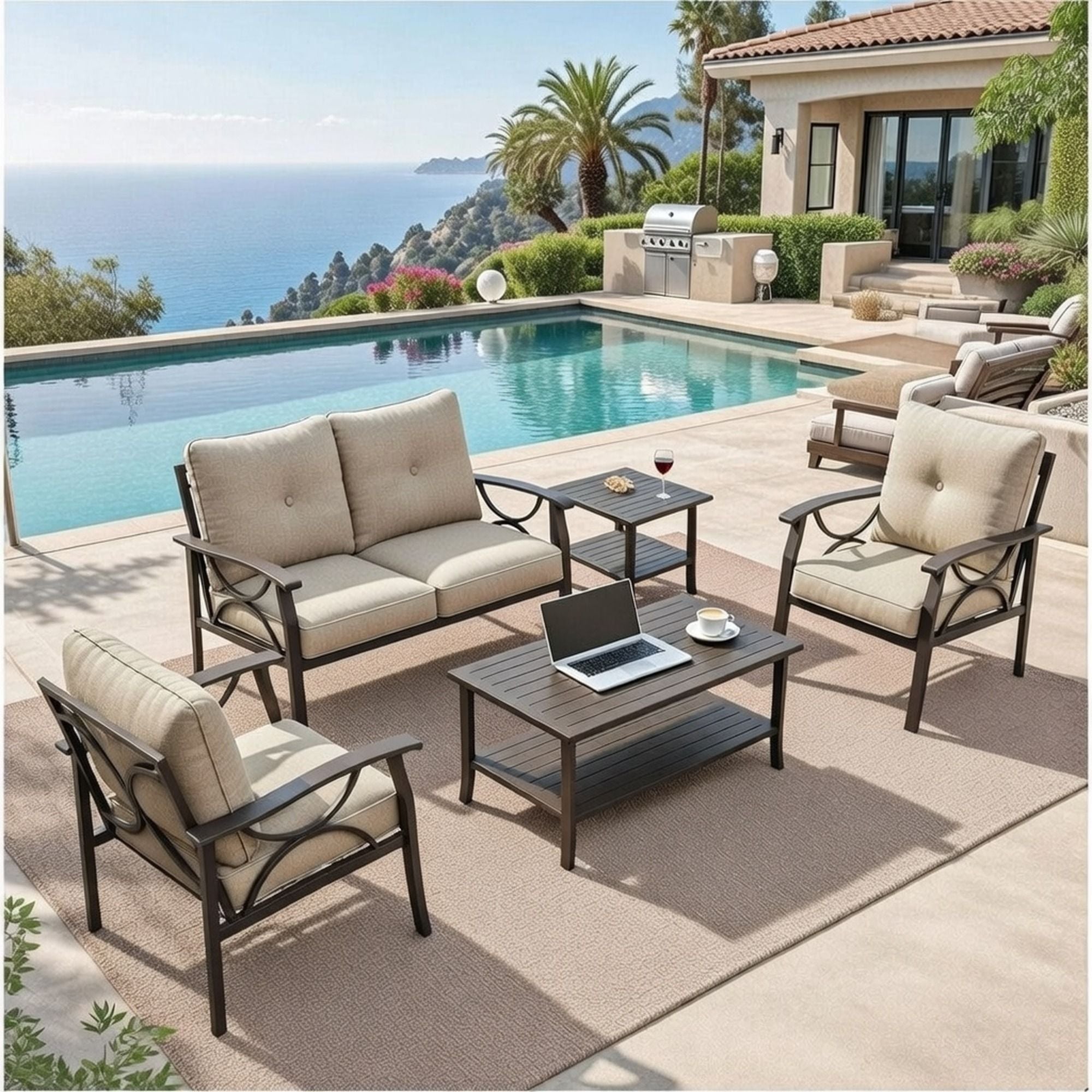 Patio Furniture Set with Coffee Table and Cushions for Backyard