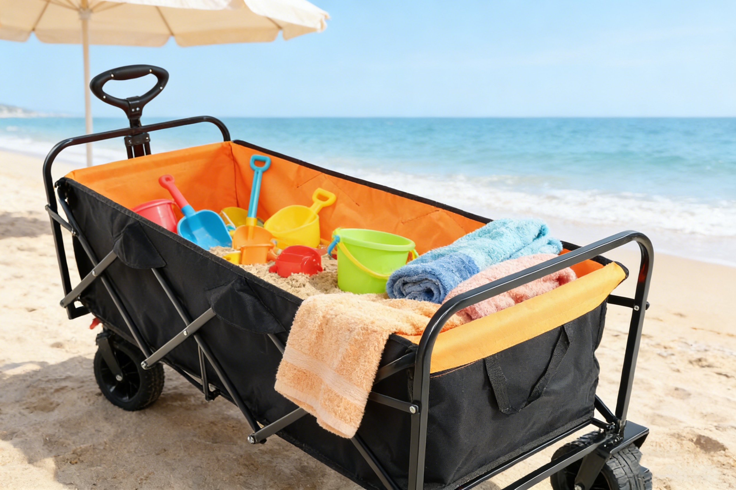 Big Large Capacity Folding Wagon Cart with Extender (Black + Orange)