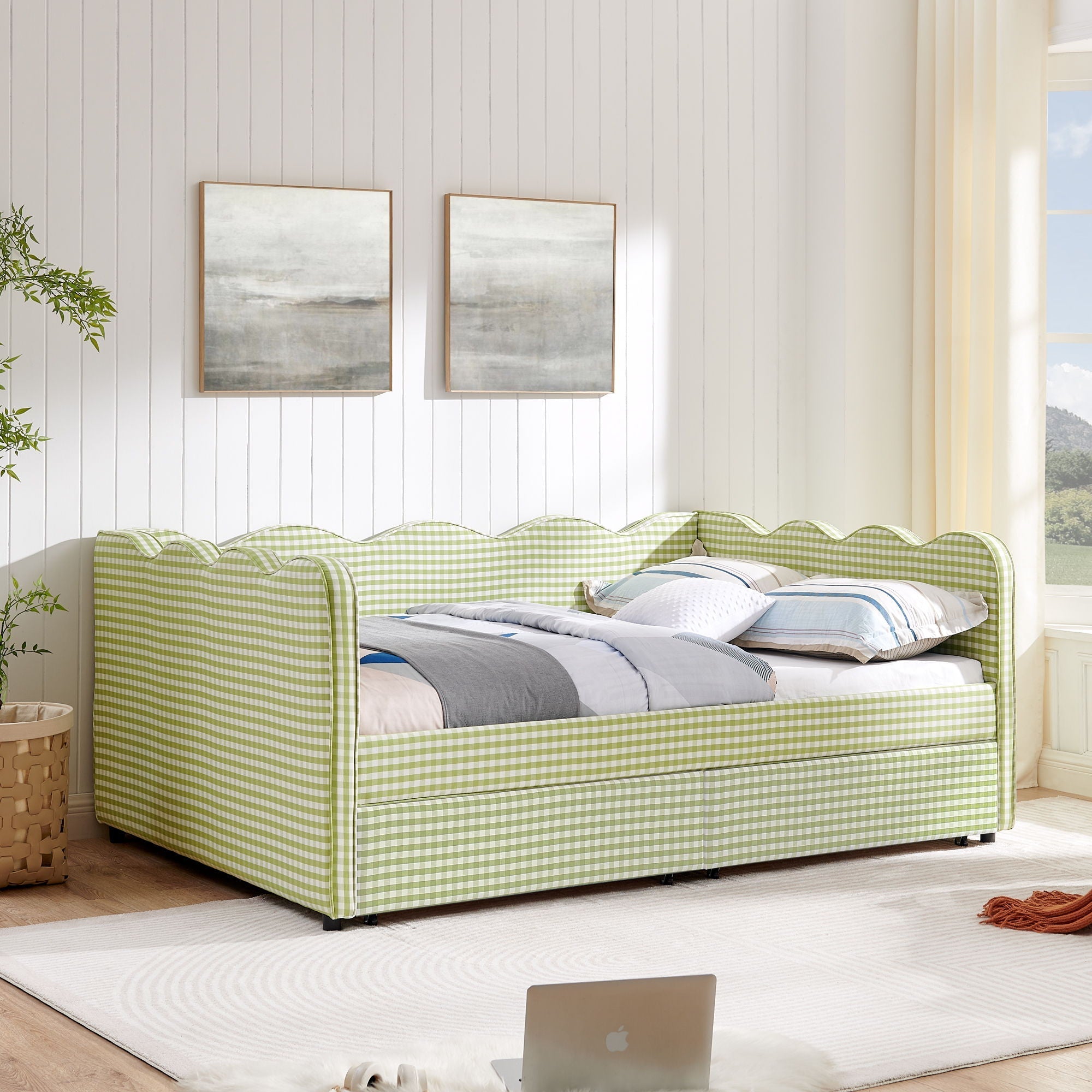 Gingham Daybed With USB Charging Port, Wave-Shaped Design