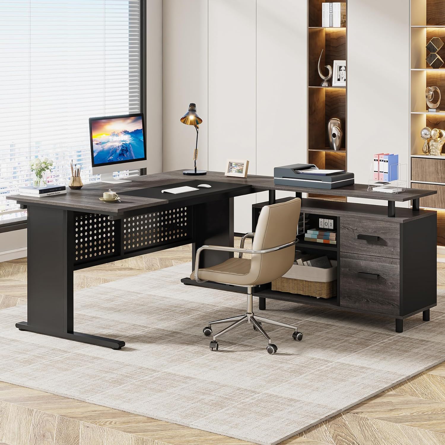 L-Shaped Executive Desk With File Cabinet, Office Workstation With Drawers, Shelves & Storage