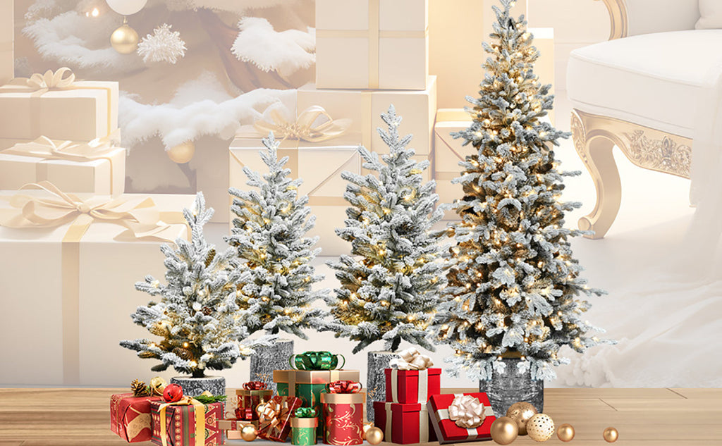 4.5FT Flocked Christmas Tree with Pot Base and LED Lights