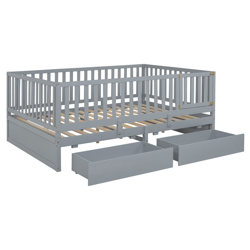 Daybed With Fence Guardrails And 2 Drawers, Split Into Independent Floor Bed & Daybed