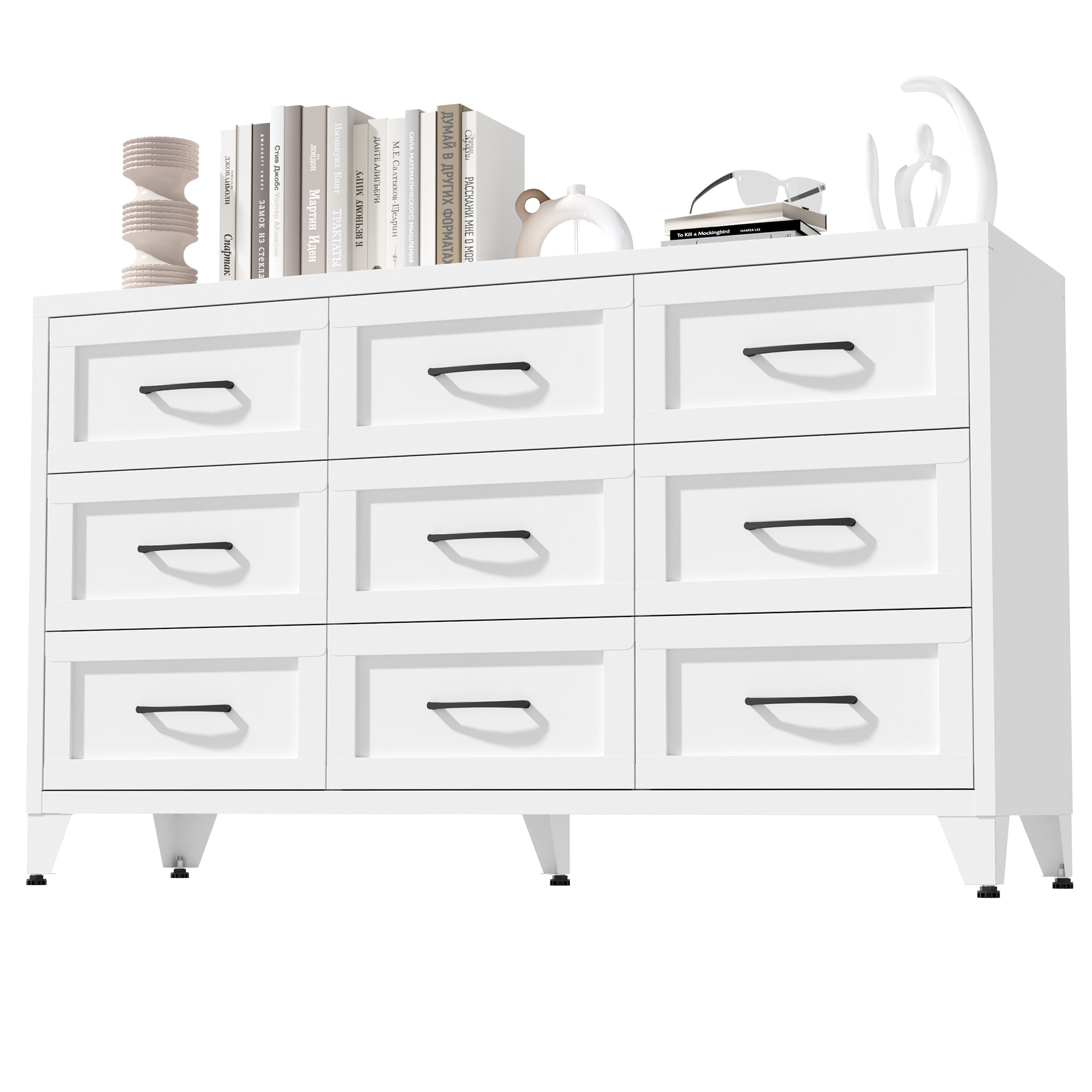 9 Drawer White Metal Dresser with Quiet-Glide Rails