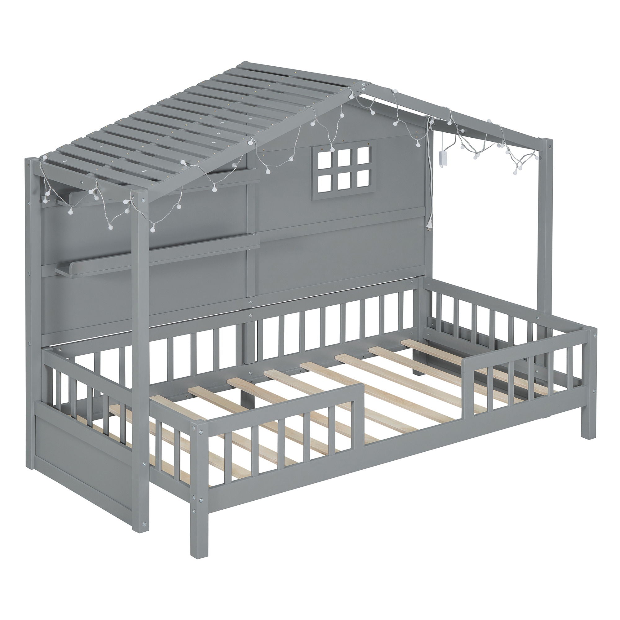 House Bed With Shelves, Window And Sparkling Light Strip On The Roof