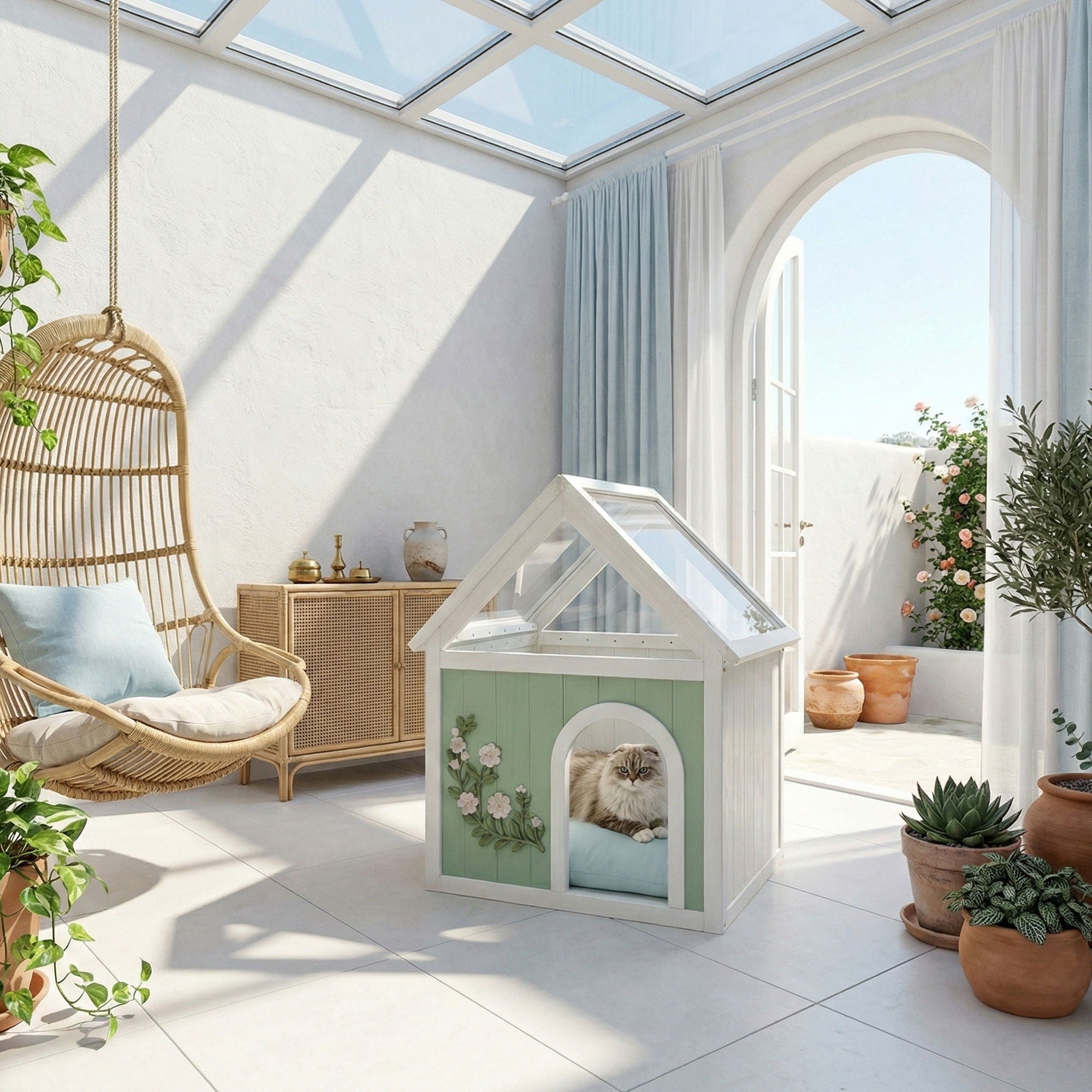 Indoor Cat House With Clear Roof Pet House For Small Cats & Dogs - Mint / White