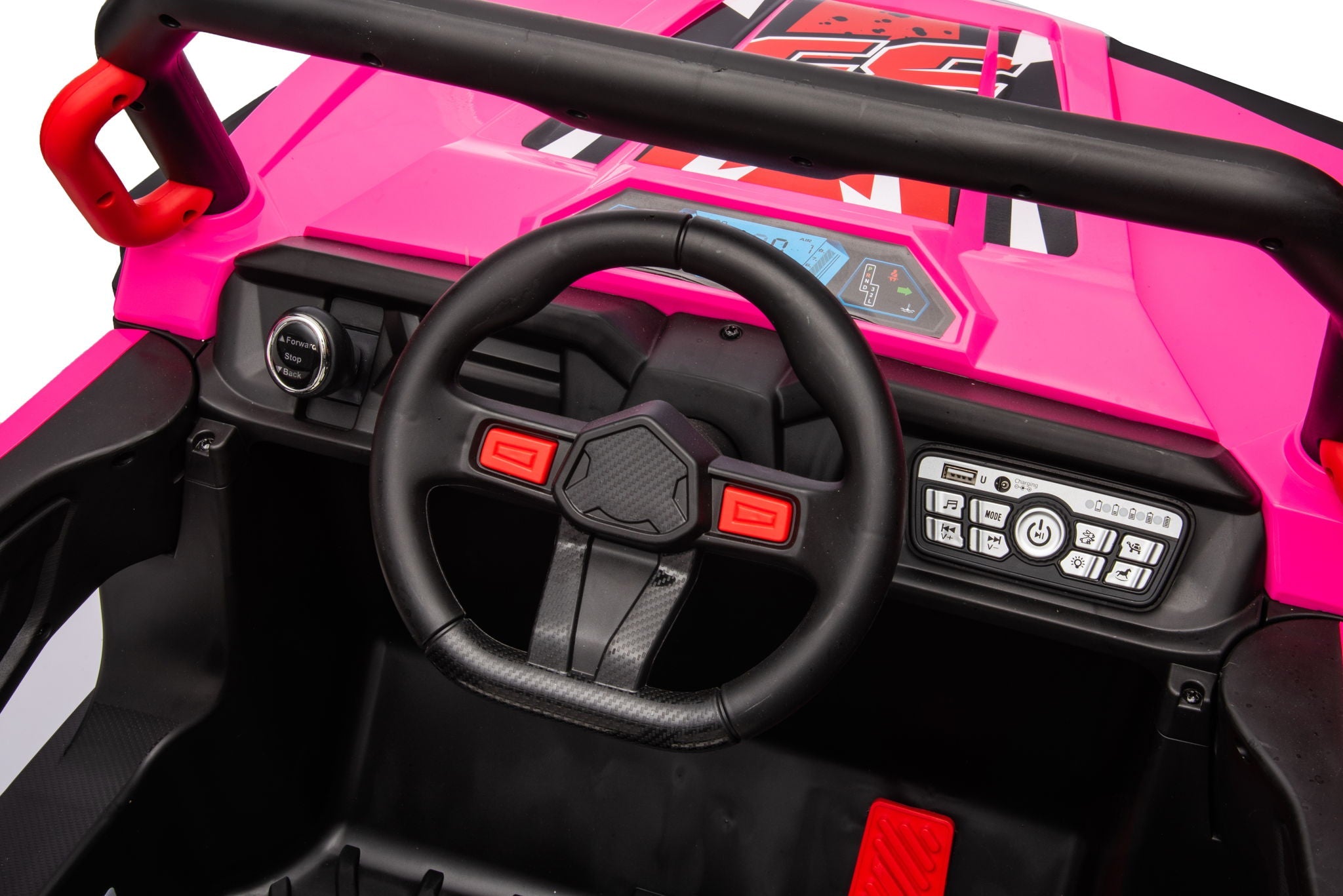 12V7A*1 30W*4 Four-Wheel Drive Seat One Button Start, Forward And Backward, High And Low Speed, Music, Front Light, Power Display, Two Doors Can Open, 2.4G R / C, Seat Belt Four Wheel Absorber