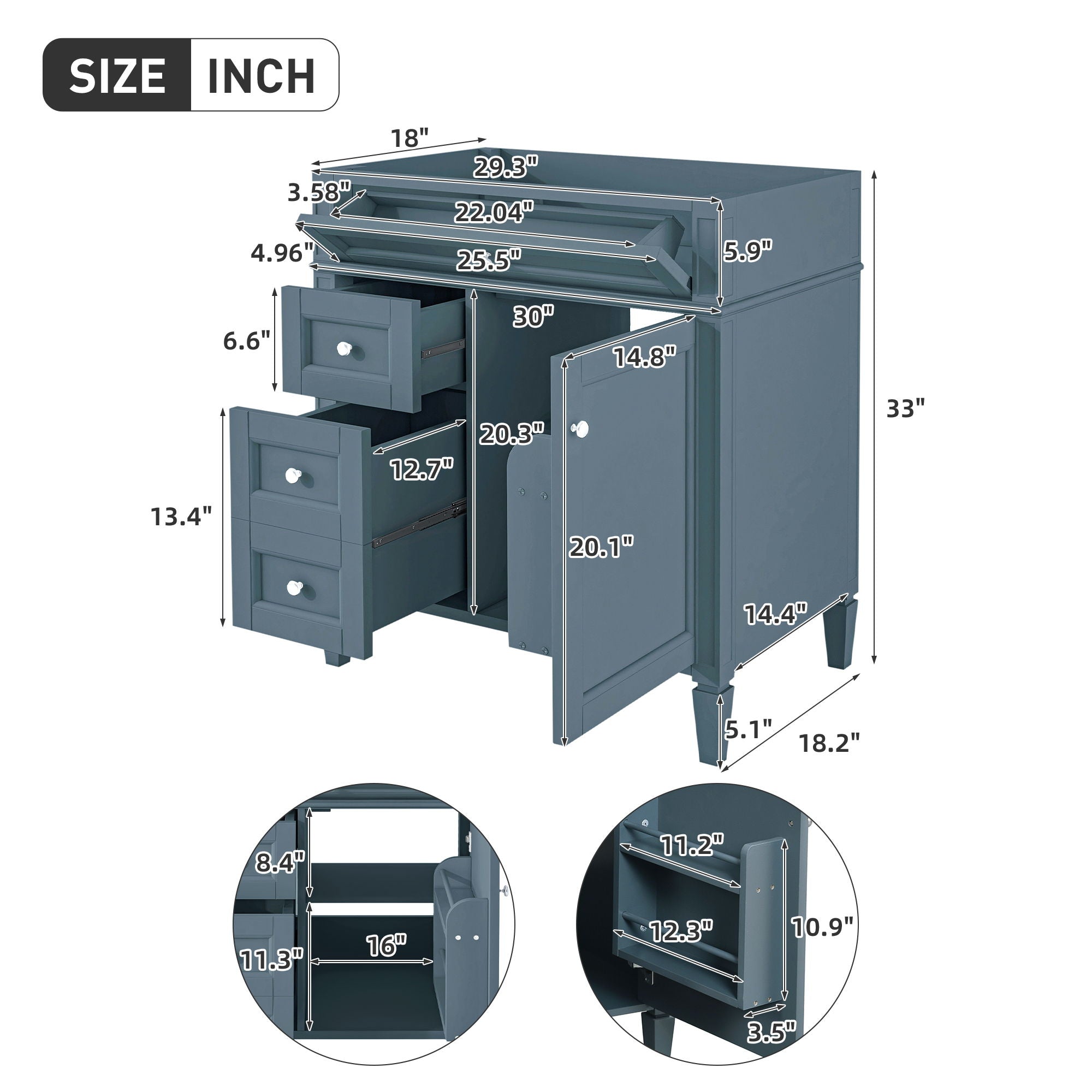 Bathroom Vanity Cabinet with 2 Drawers and Tip-Out Drawer - Indigo