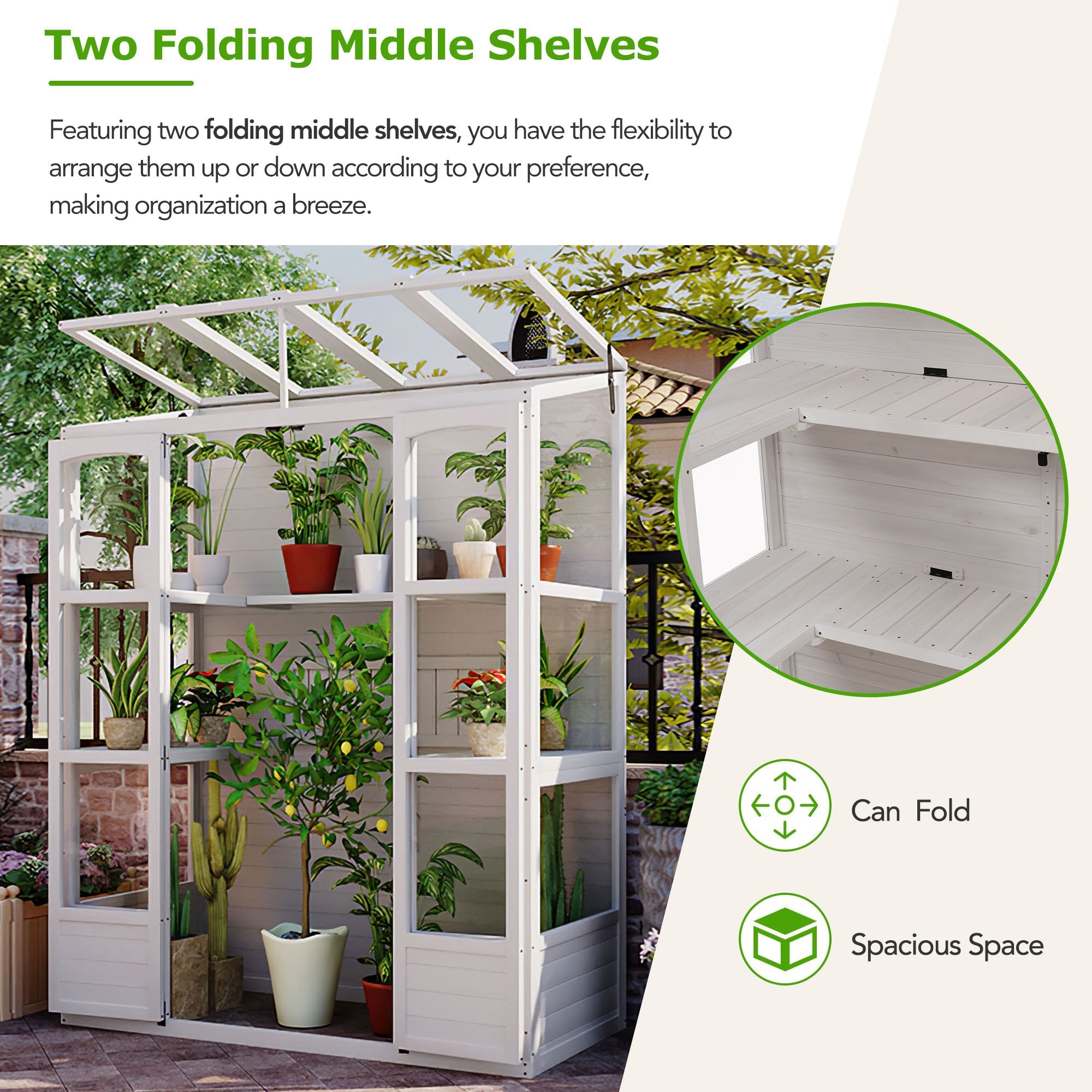TOPMAX 78-Inch Wooden Greenhouse with Skylights and Folding Shelves