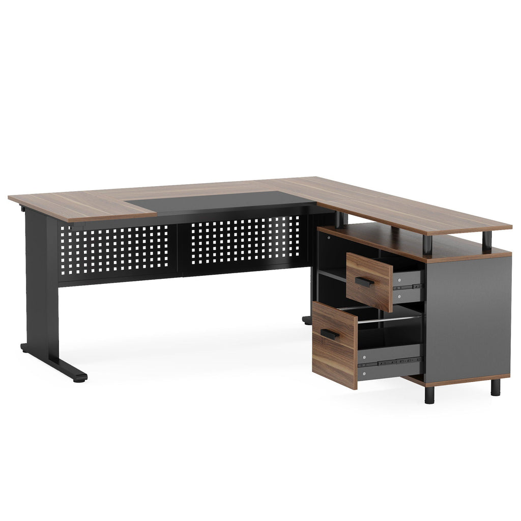 L-Shaped Executive Desk With File Cabinet, Office Workstation With Drawers, Shelves & Storage