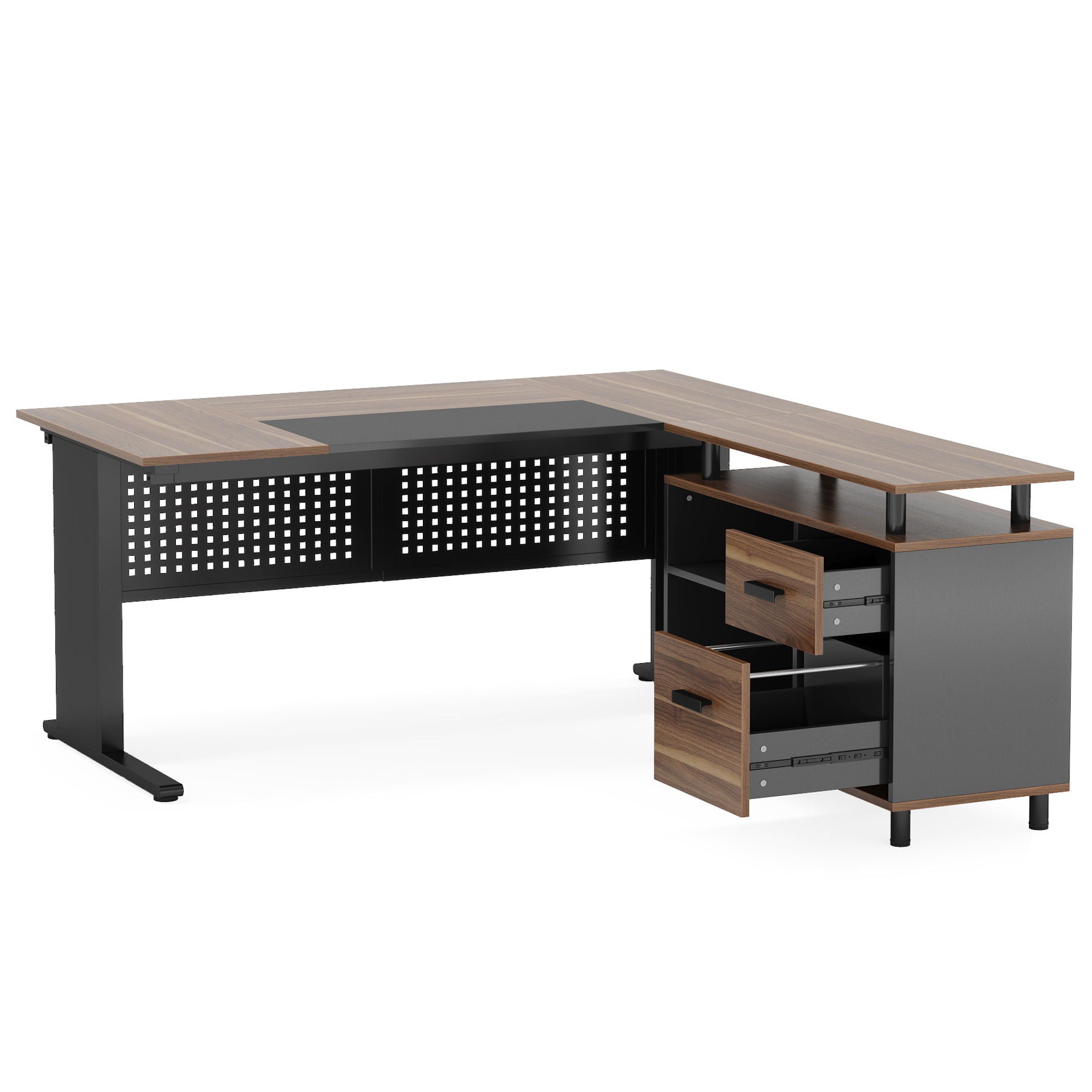 L-Shaped Executive Desk With File Cabinet, Office Workstation With Drawers, Shelves & Storage