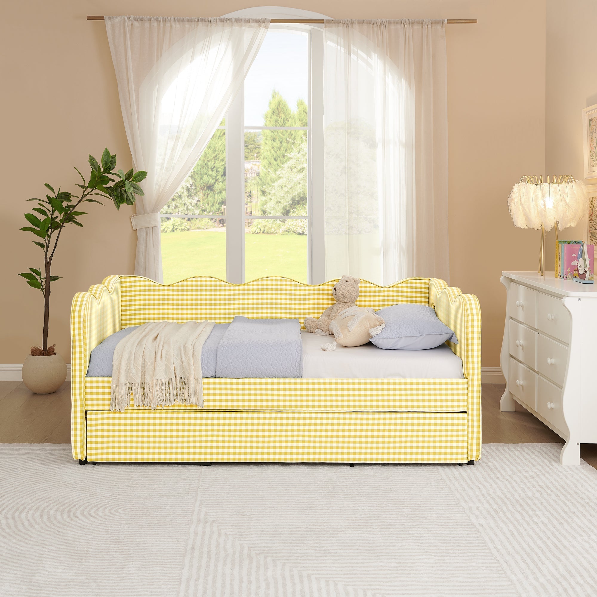 Cozy Gingham Daybed with Trundle Twin Size Sofa Bed