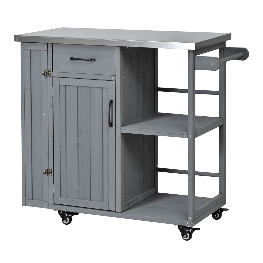 Outdoor Kitchen Island Fir Wood Prep Station with Stainless Steel Top