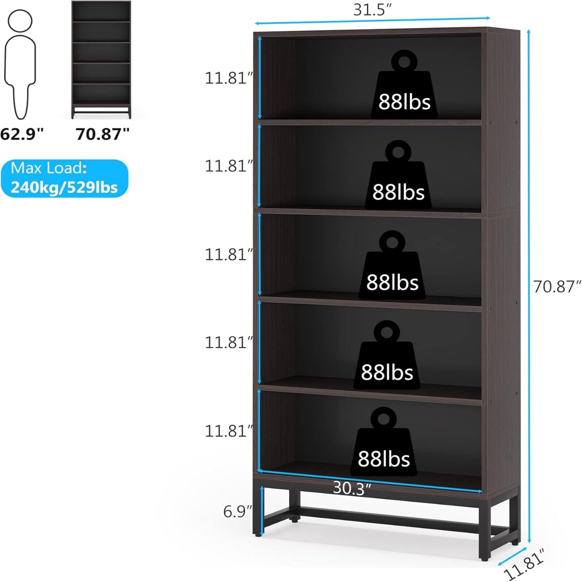 5 Tier Heavy Duty Bookshelf for Living Room