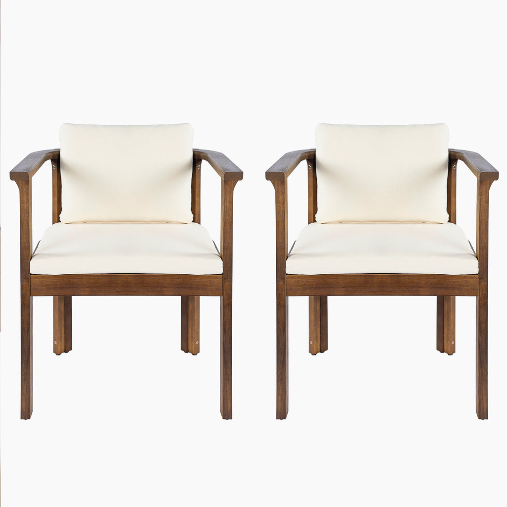Outdoor Dining Chair Set of 2 with Curved Acacia Wood Arms, Brown Finish and Cream Cushions