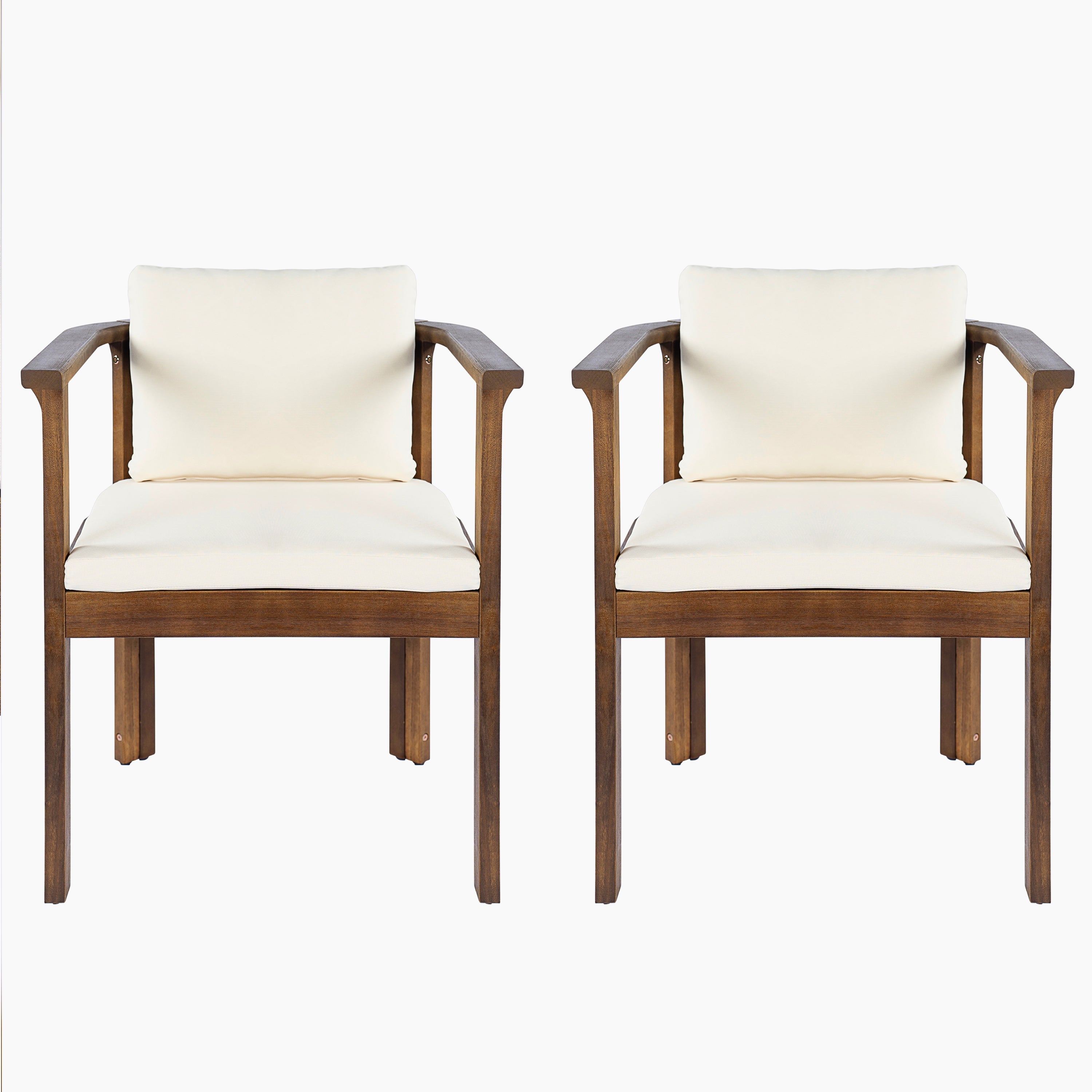 Outdoor Dining Chair Set of 2 with Curved Acacia Wood Arms, Brown Finish and Cream Cushions
