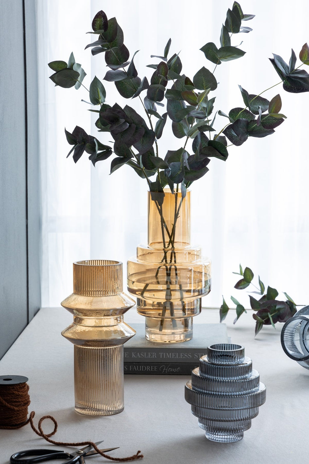 Multi-Tiered Geometric Vase with Smoked Blue Finish, Set of 2