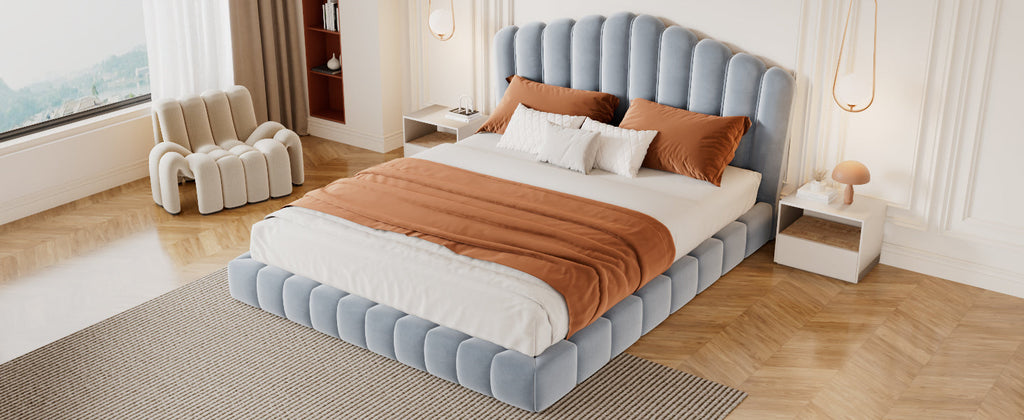 Velvet Upholstered Queen Bed with Shell-Shaped Headboard