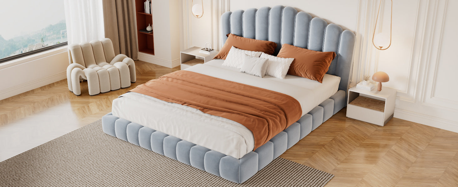 Velvet Upholstered Queen Bed with Shell-Shaped Headboard