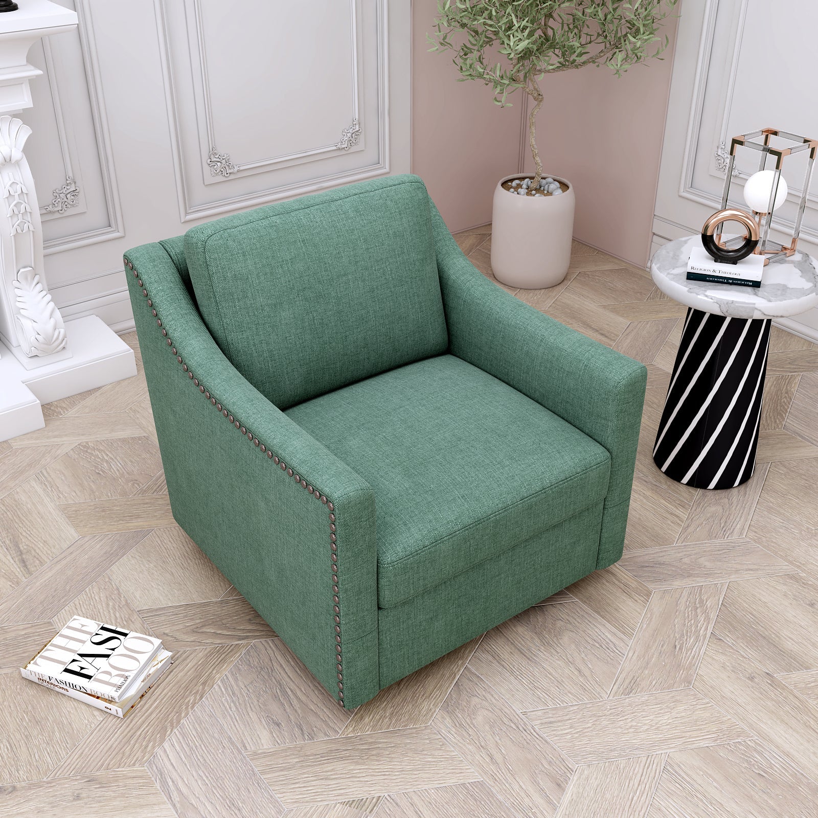 360 Degree Swivel Armchair Cotton Linen Fabric with Brass Nail Detailing