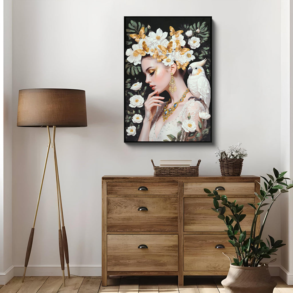 Beauty Lady Wall Art Gold and White Floral Canvas 24x36 Inch