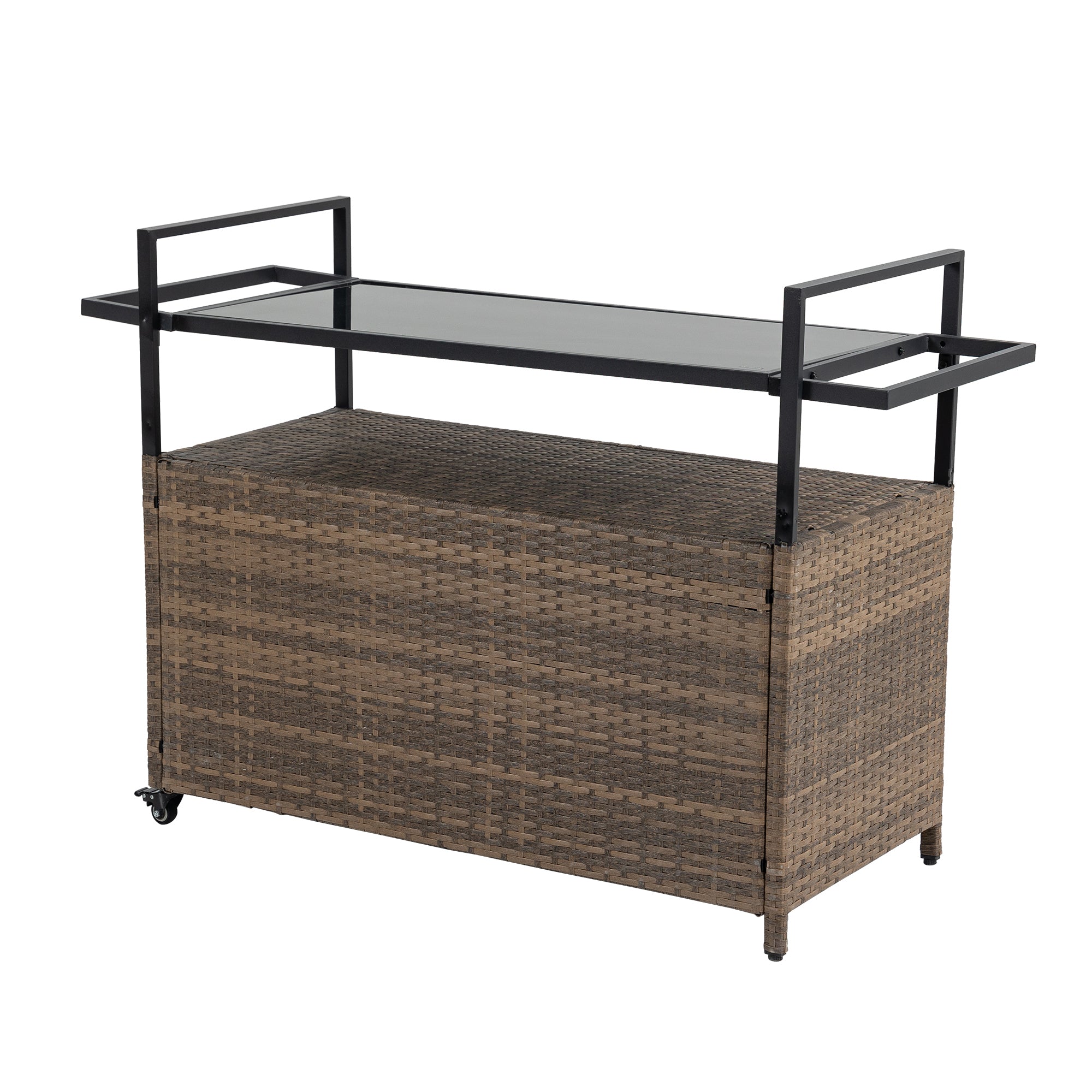 Outdoor Wicker Bar Cart with Glass Top and Wheels