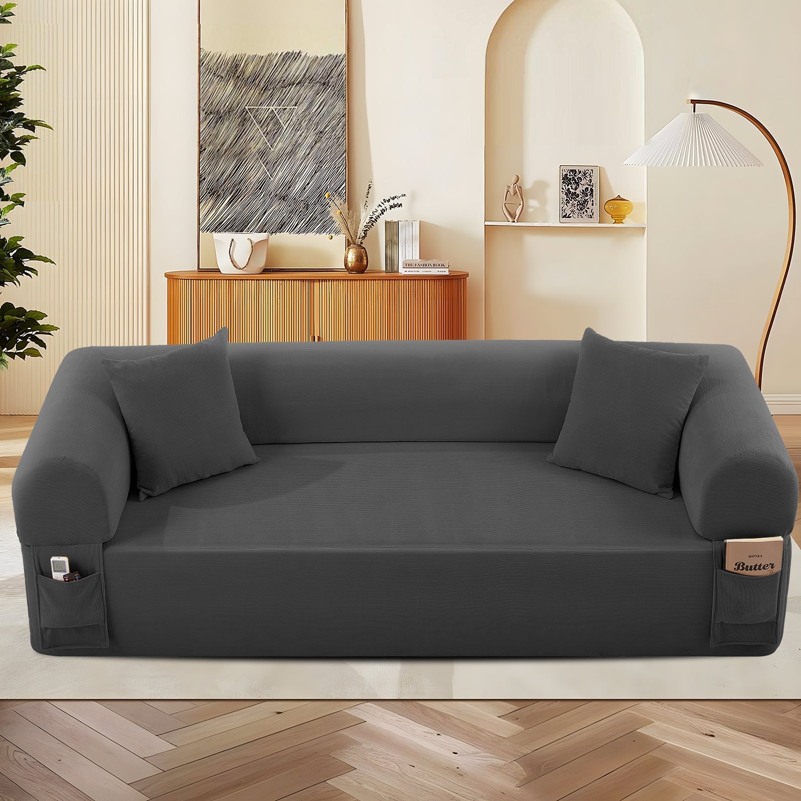 Spring Sofa with High-Quality Fabric, Pillows & Storage - Gray
