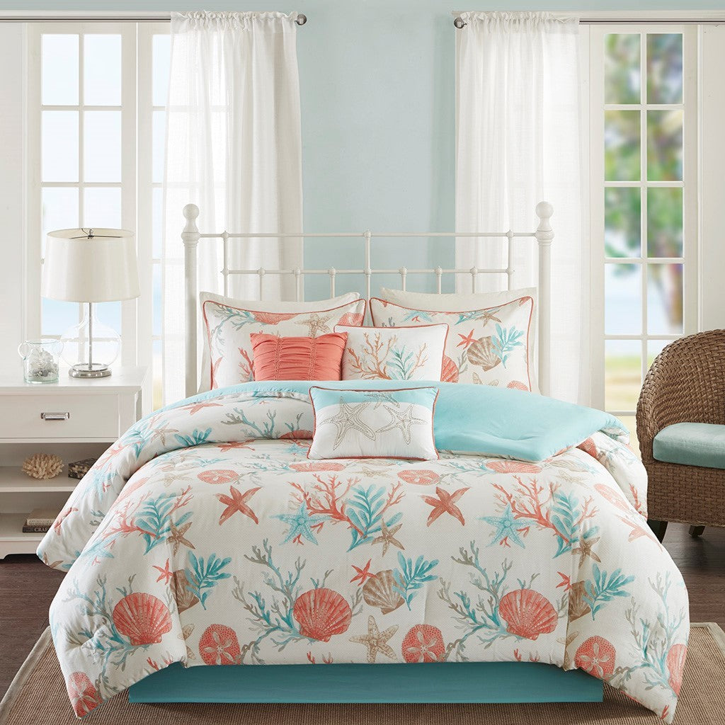 7 Piece Cotton Sateen Comforter Set Coral King