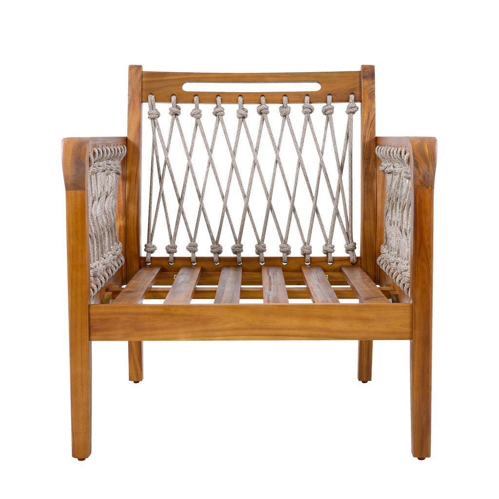 Outdoor Acacia Wood Club Chair with Handwoven Rope, Teak Finish