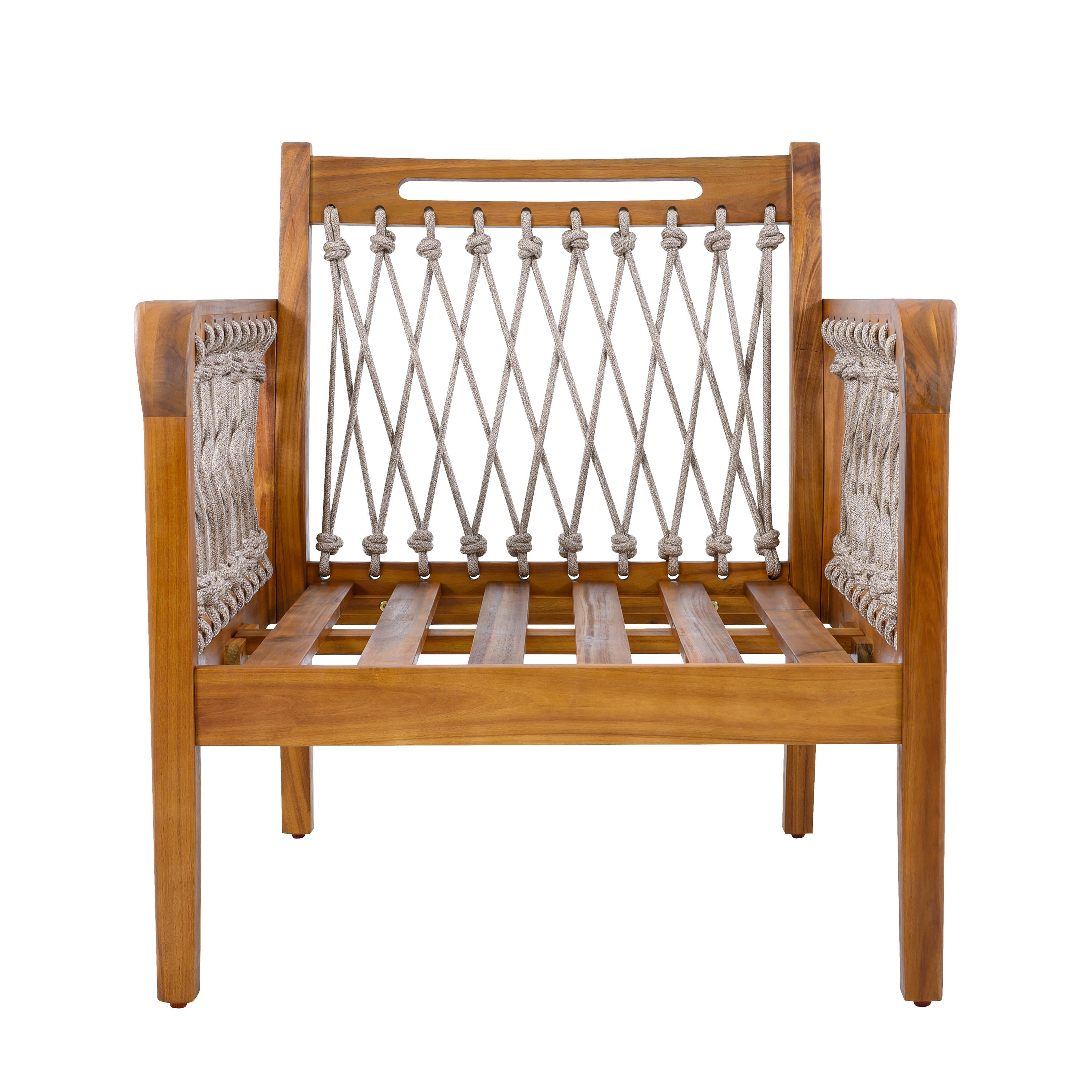 Outdoor Acacia Wood Club Chair with Handwoven Rope, Teak Finish