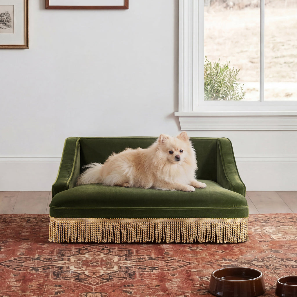 Duchess 33' Medium Princess Pet Bed Sofa with Fringe Skirt, Olive Green Velvet