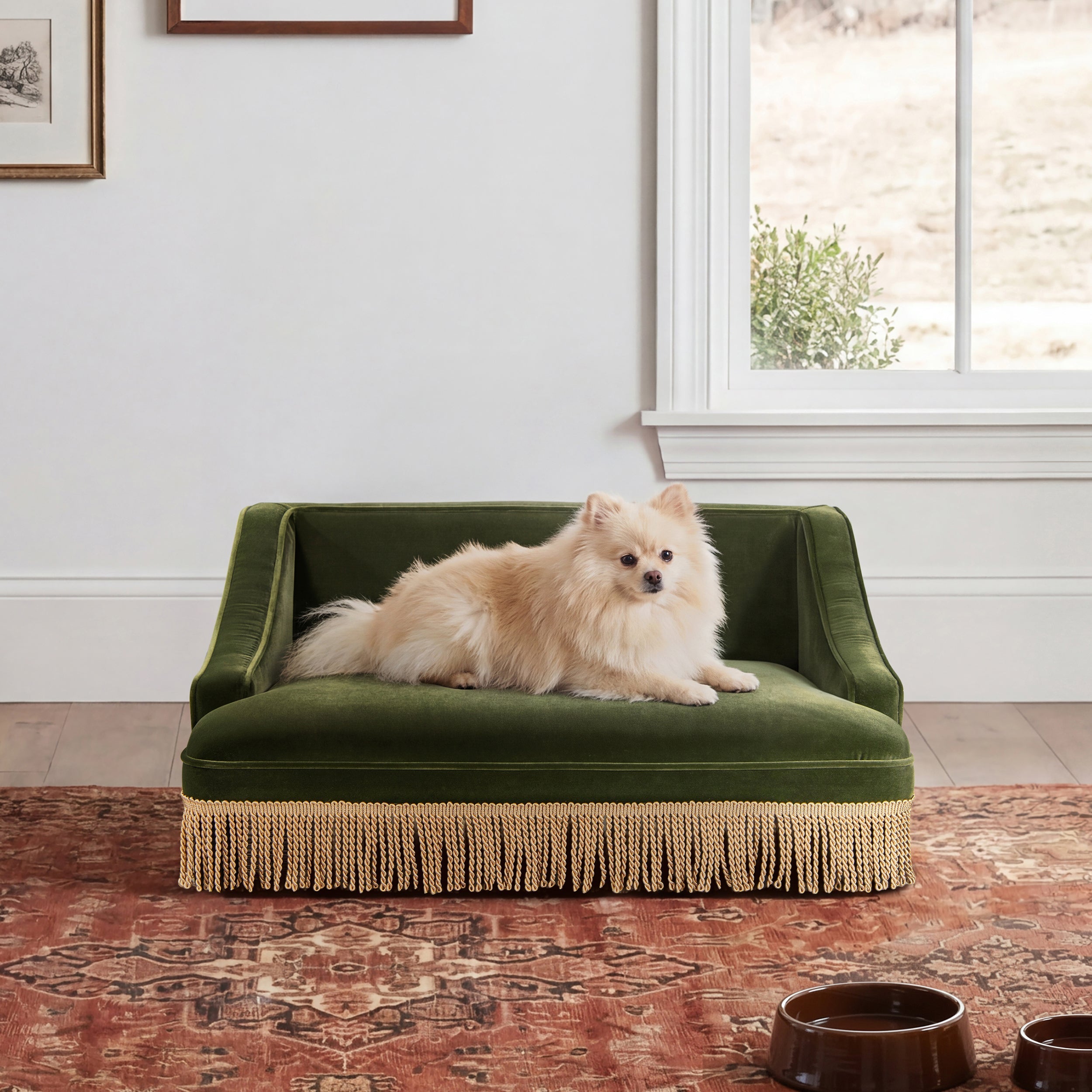 Duchess 33' Medium Princess Pet Bed Sofa with Fringe Skirt, Olive Green Velvet
