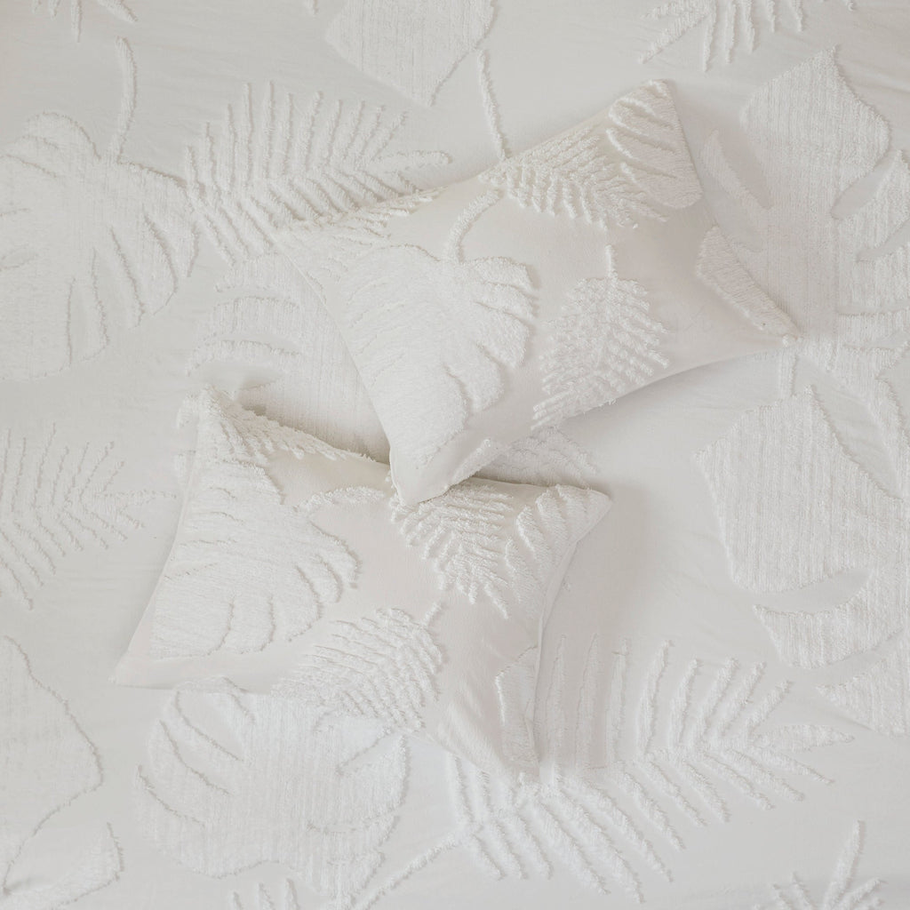 3 Piece Tufted Cotton Chenille Palm Comforter Set Off-White Full/Queen