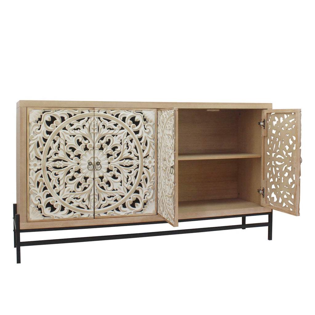 4 Door Wood Cabinet, Vintage Carved Wood with Metal Base