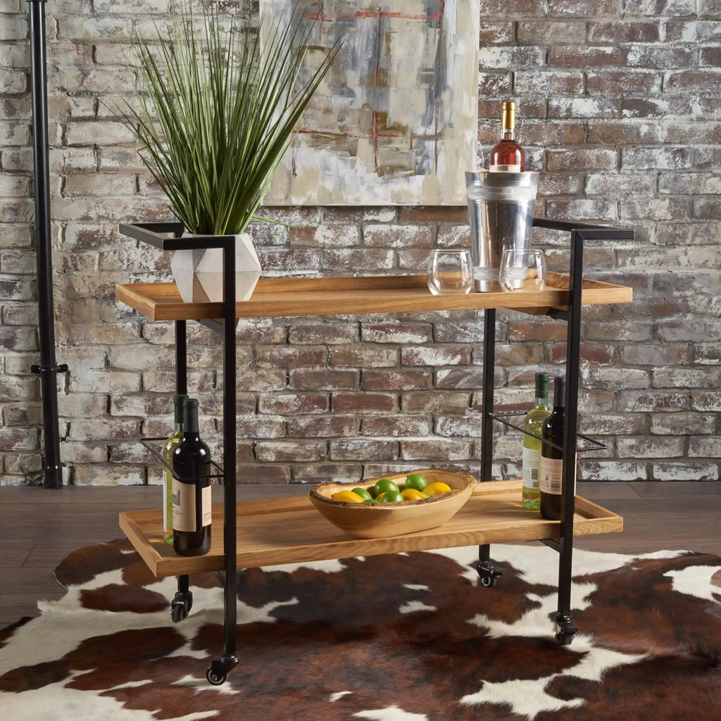 Modern Industrial Bar Cart With Shelving and Casters