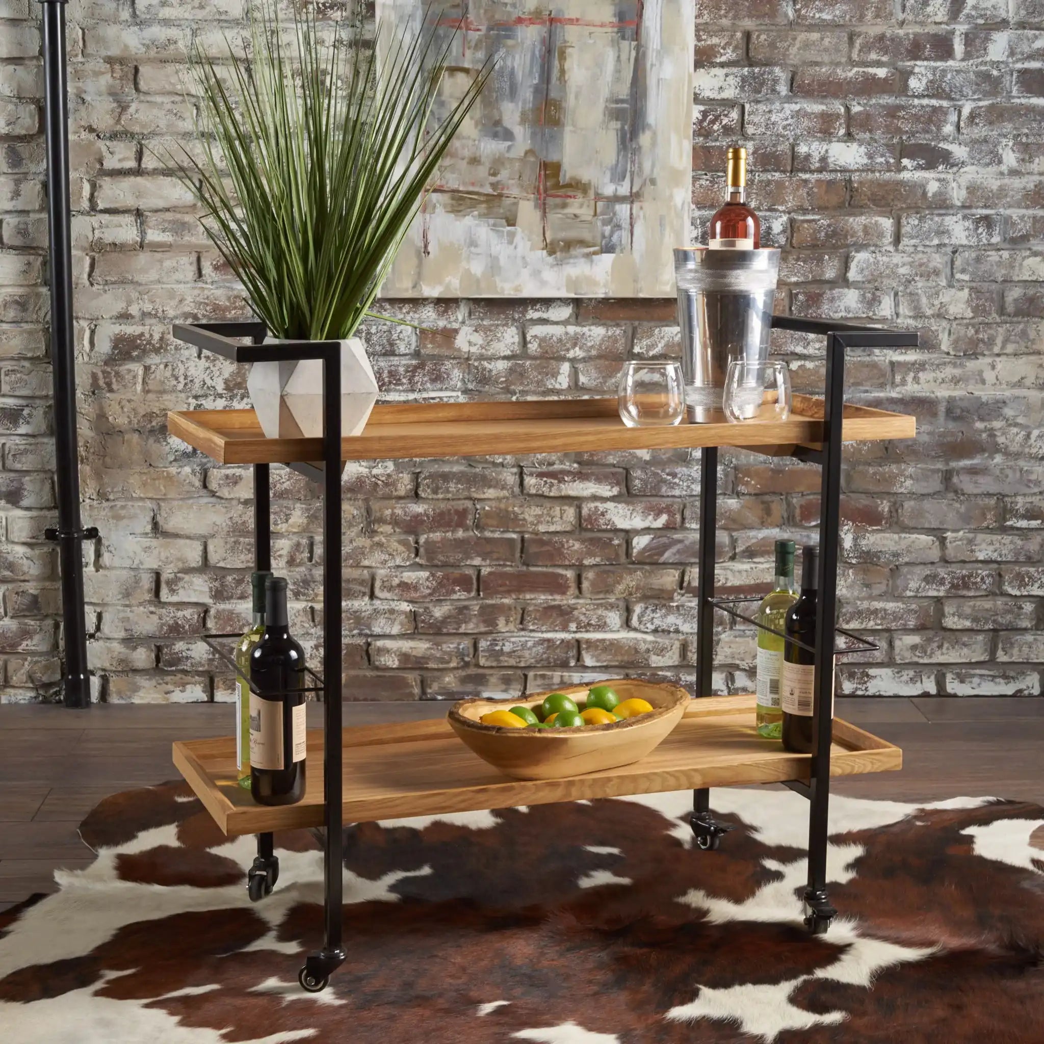 Modern Industrial Bar Cart With Shelving and Casters