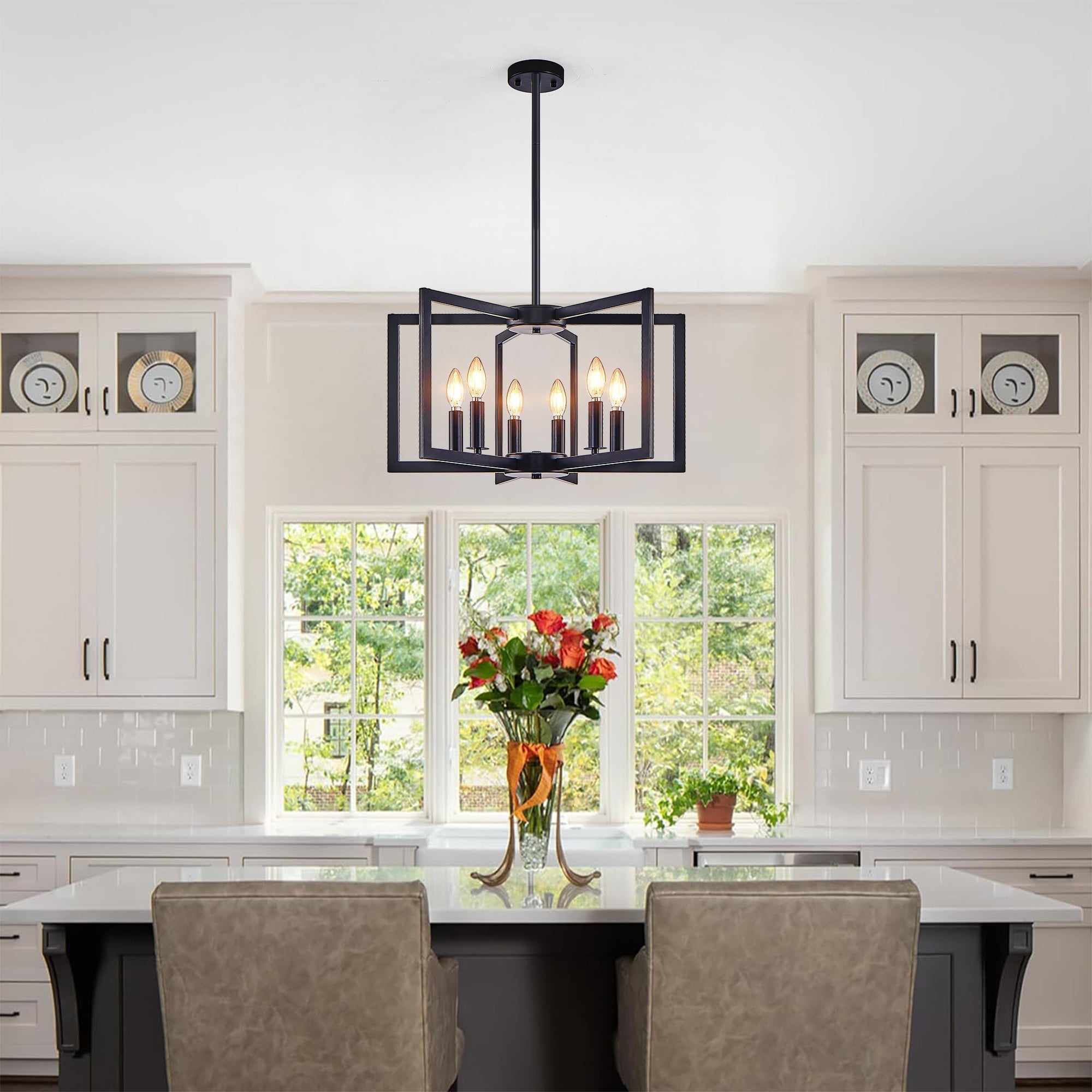 22' Modern Black Geometric 6-Light Chandelier – Industrial Metal Pendant Light Fixture for Living Room, Dining Room, or Kitchen (Bulb Not Included)