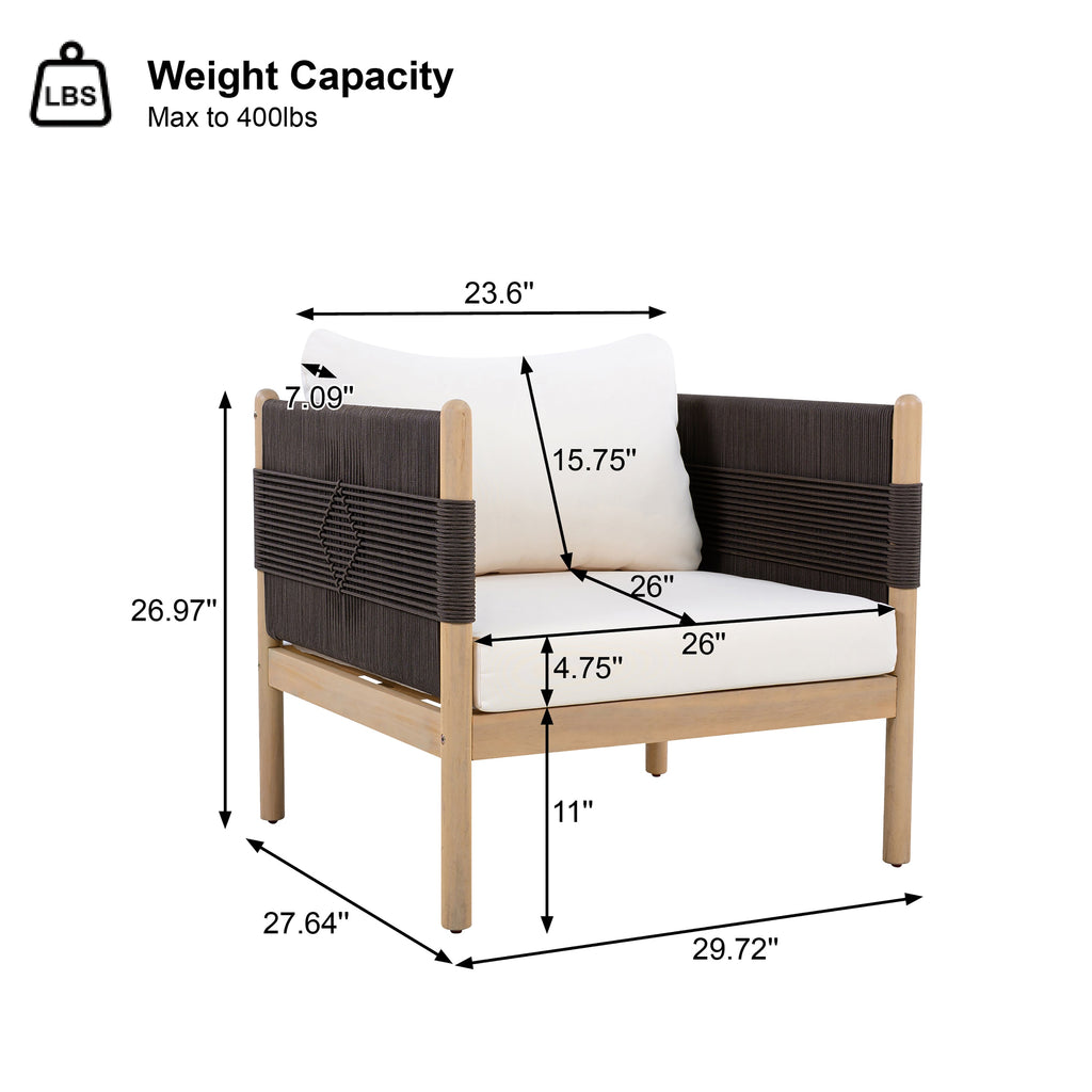 Outdoor Acacia Club Chairs (Set of 2) with Diamond-Pattern Black Rope, Light Teak Finish