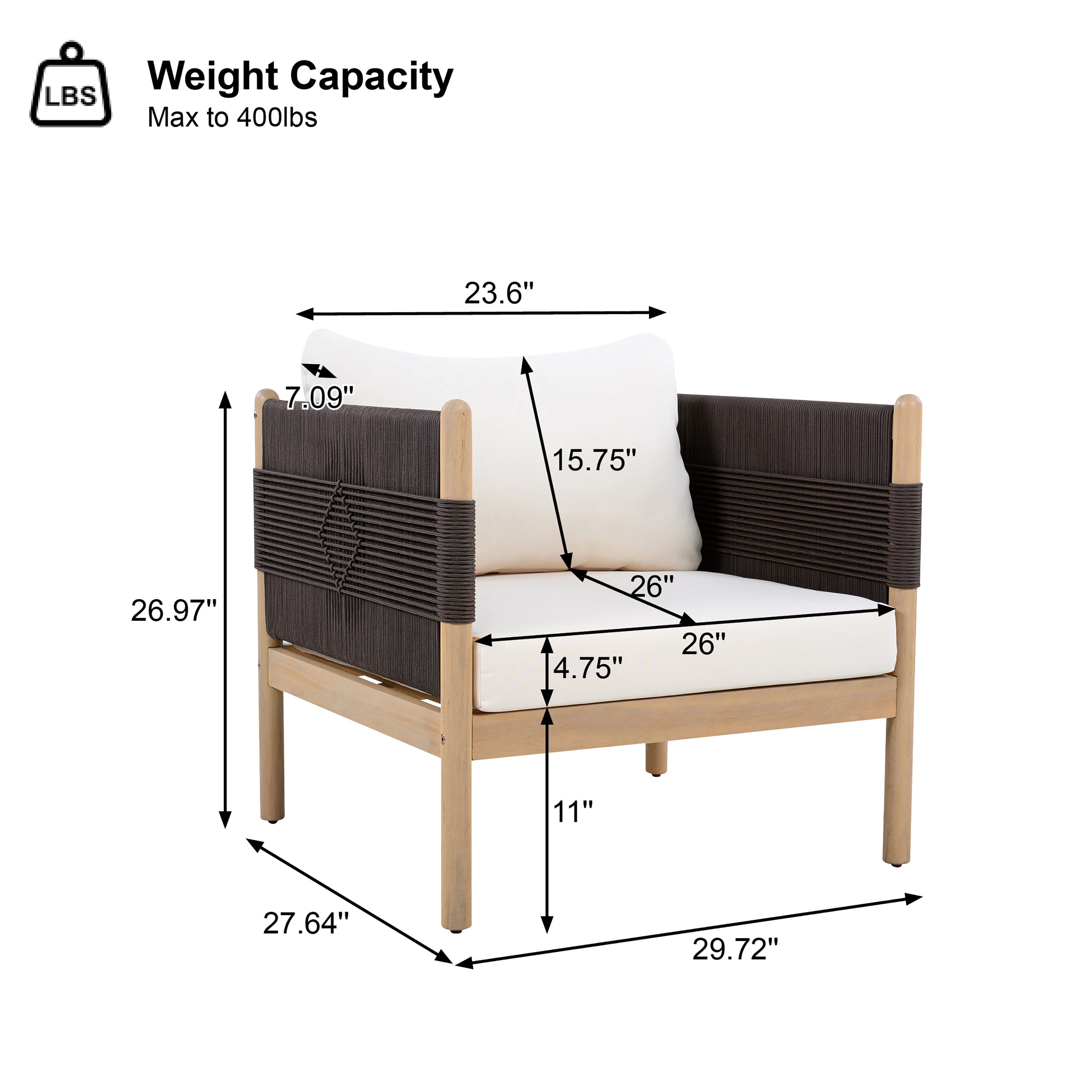 Outdoor Acacia Club Chairs (Set of 2) with Diamond-Pattern Black Rope, Light Teak Finish