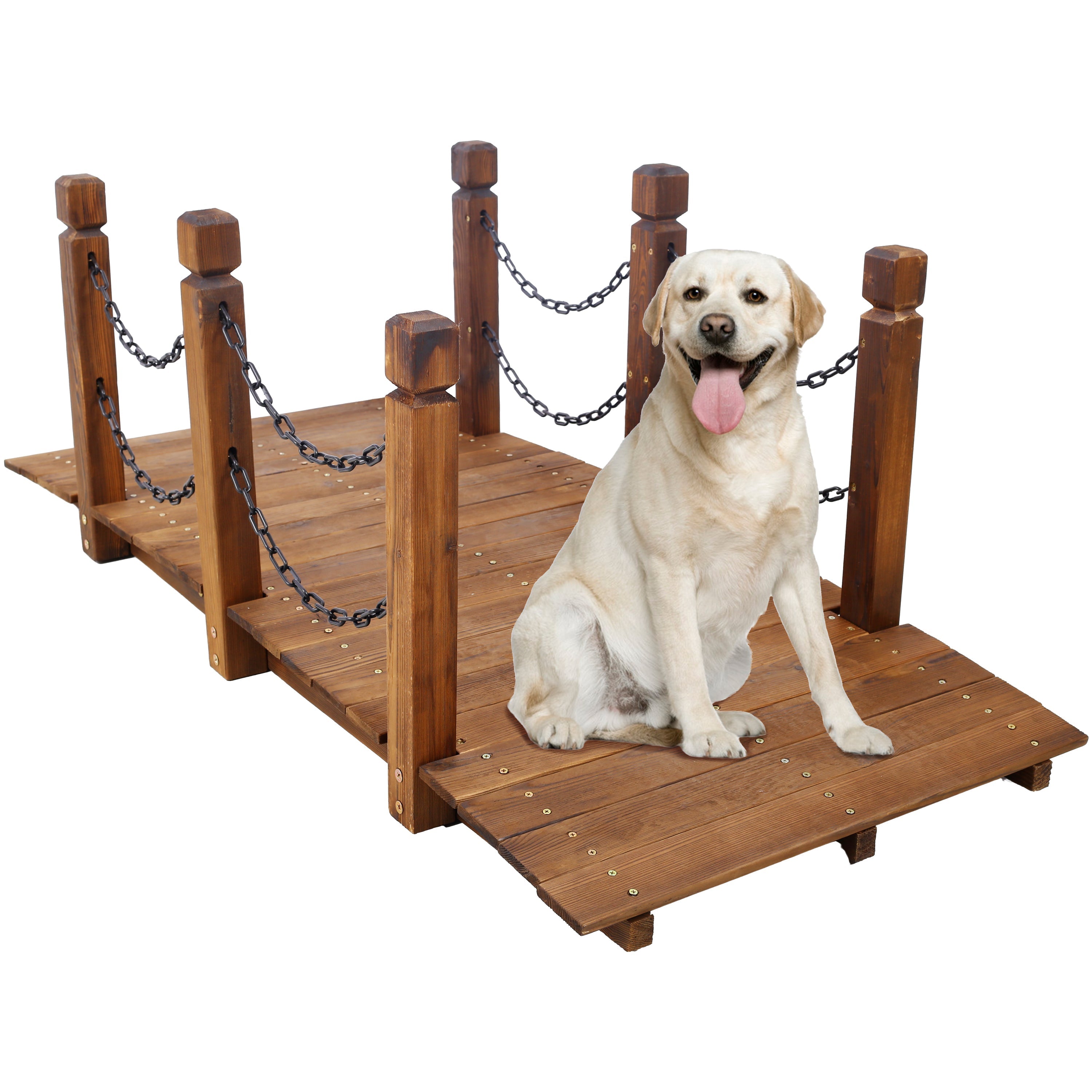 5 Ft Wooden Garden Bridge, Stained Wood Arc Footbridge with Chain Railings