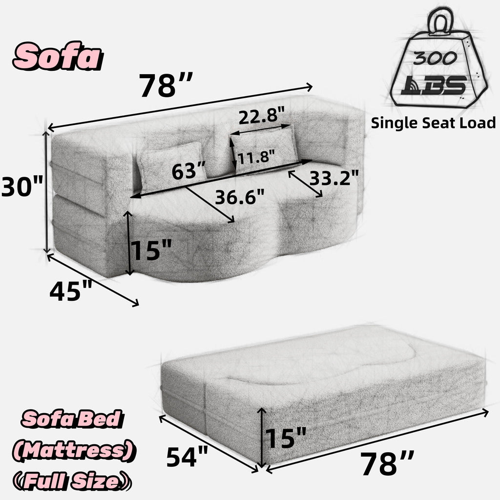 Convertible Foam-Filled Sleeper Sofa Bed with 2 Pillows