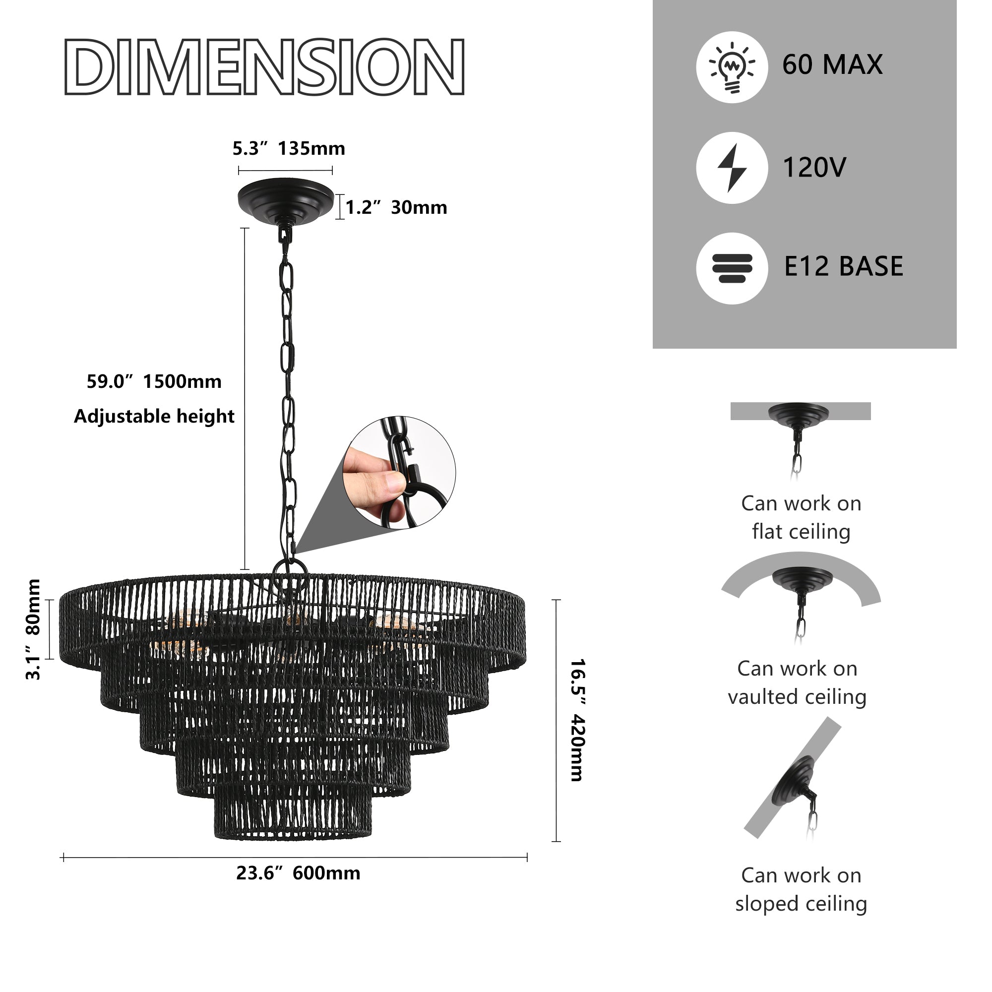 24" Rustic 5-Tier Black Hemp Rope Pendant Light Chandelier