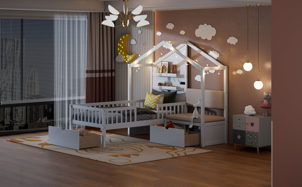 House Bed With Upholstered Sofa, Wireless Charging Station, Shelves And 2 Drawers