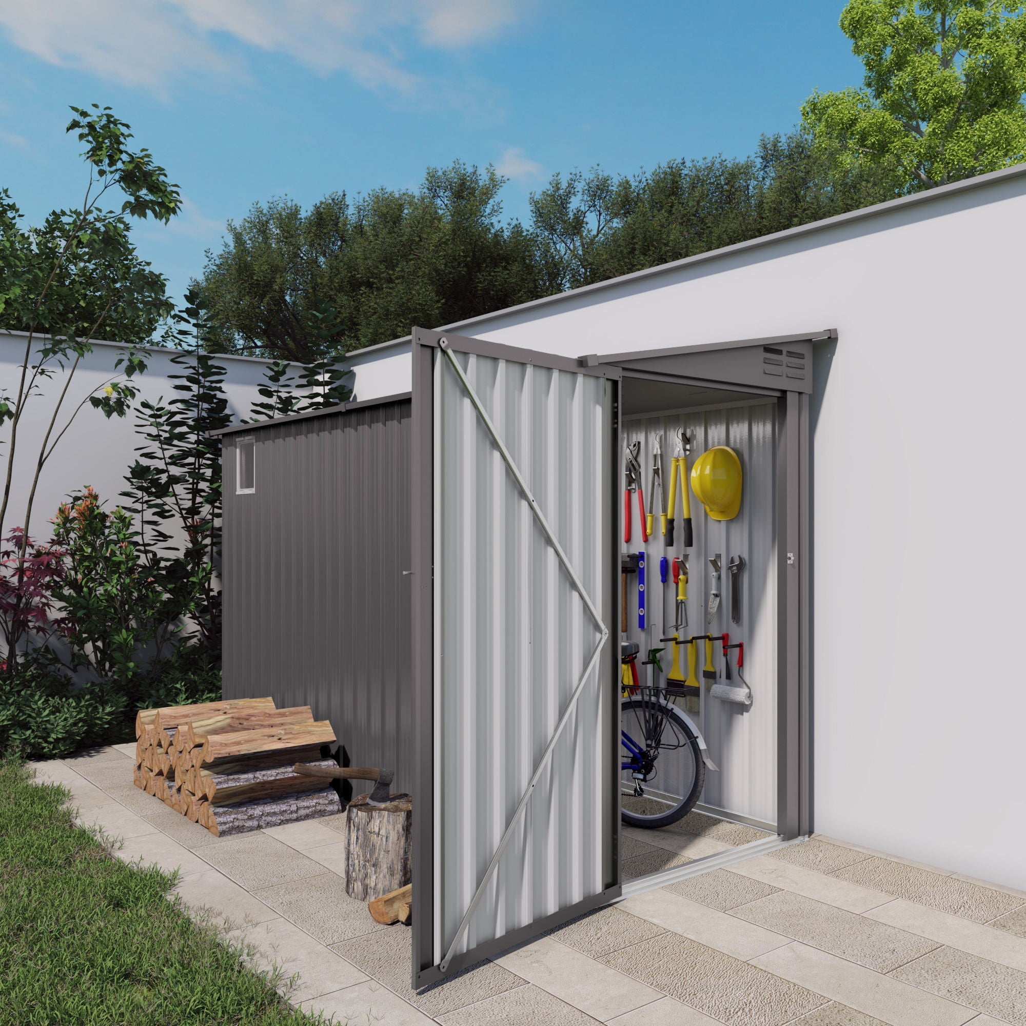 Lean To Shed With Windows, Tool House With Sloping Roof With 2 Vents And 1 Side Open Door For Backyard - Gray