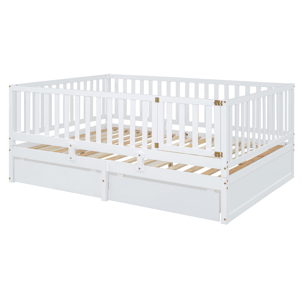 Daybed With Fence Guardrails And 2 Drawers, Split Into Independent Floor Bed & Daybed