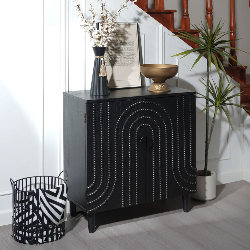 Modern Black Wood Storage Cabinet with Decorative Door
